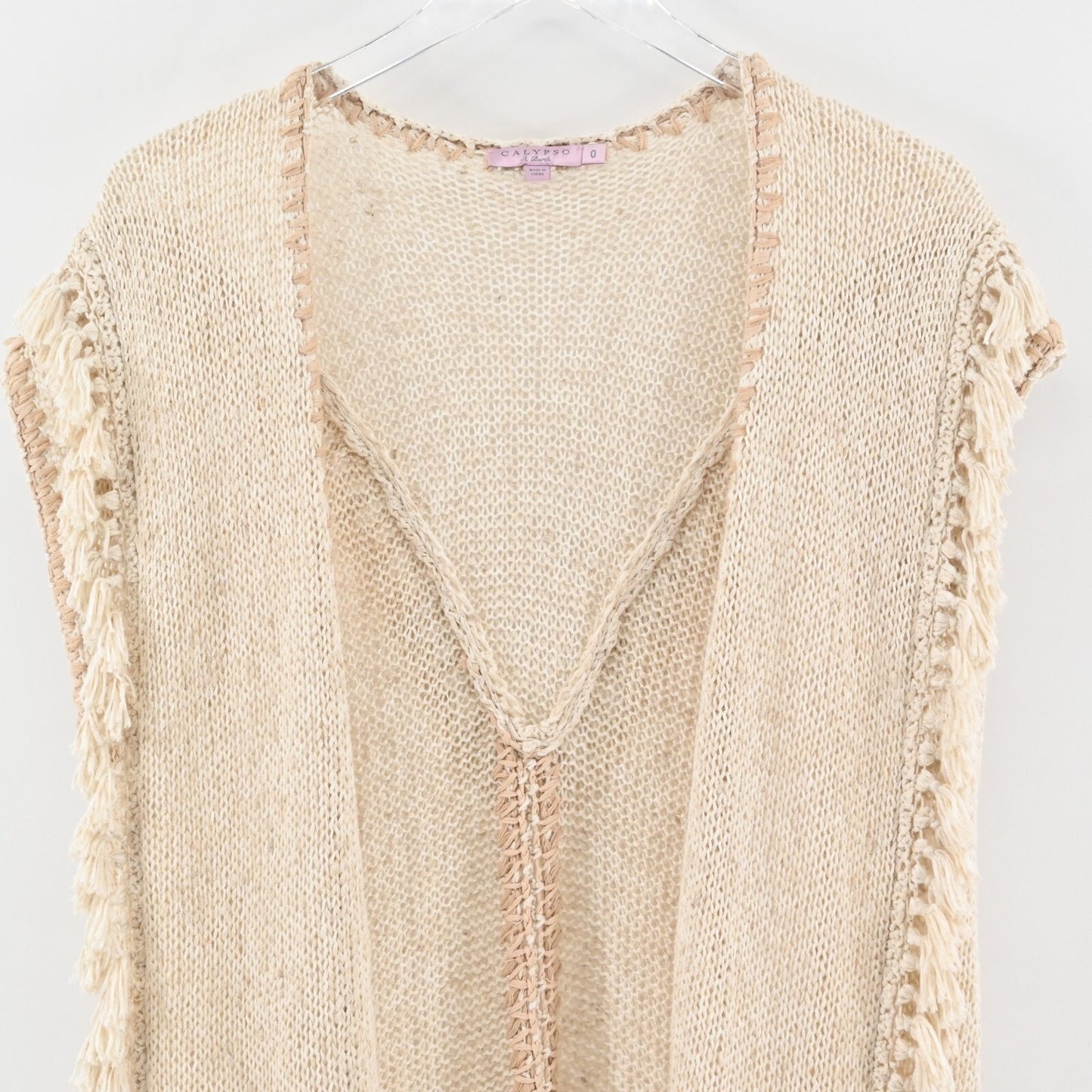 CALYPSO St Barth Cardigan Sweater Womens Size 0 Beige Knit Fringe Boho Festival