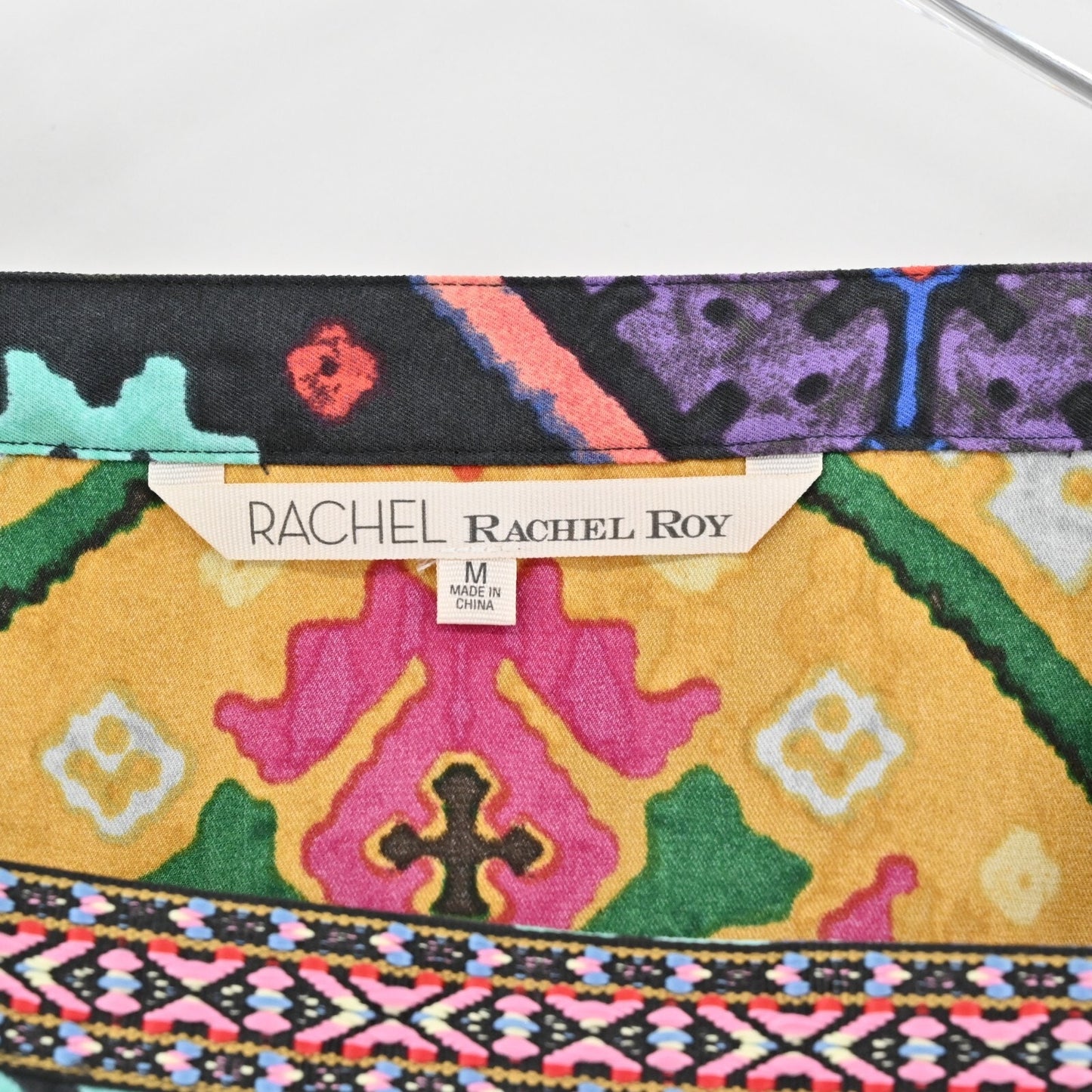 RACHEL ROY Top Womens Sz M Multicolor Print Embroidered Trim Square Neck Blouse