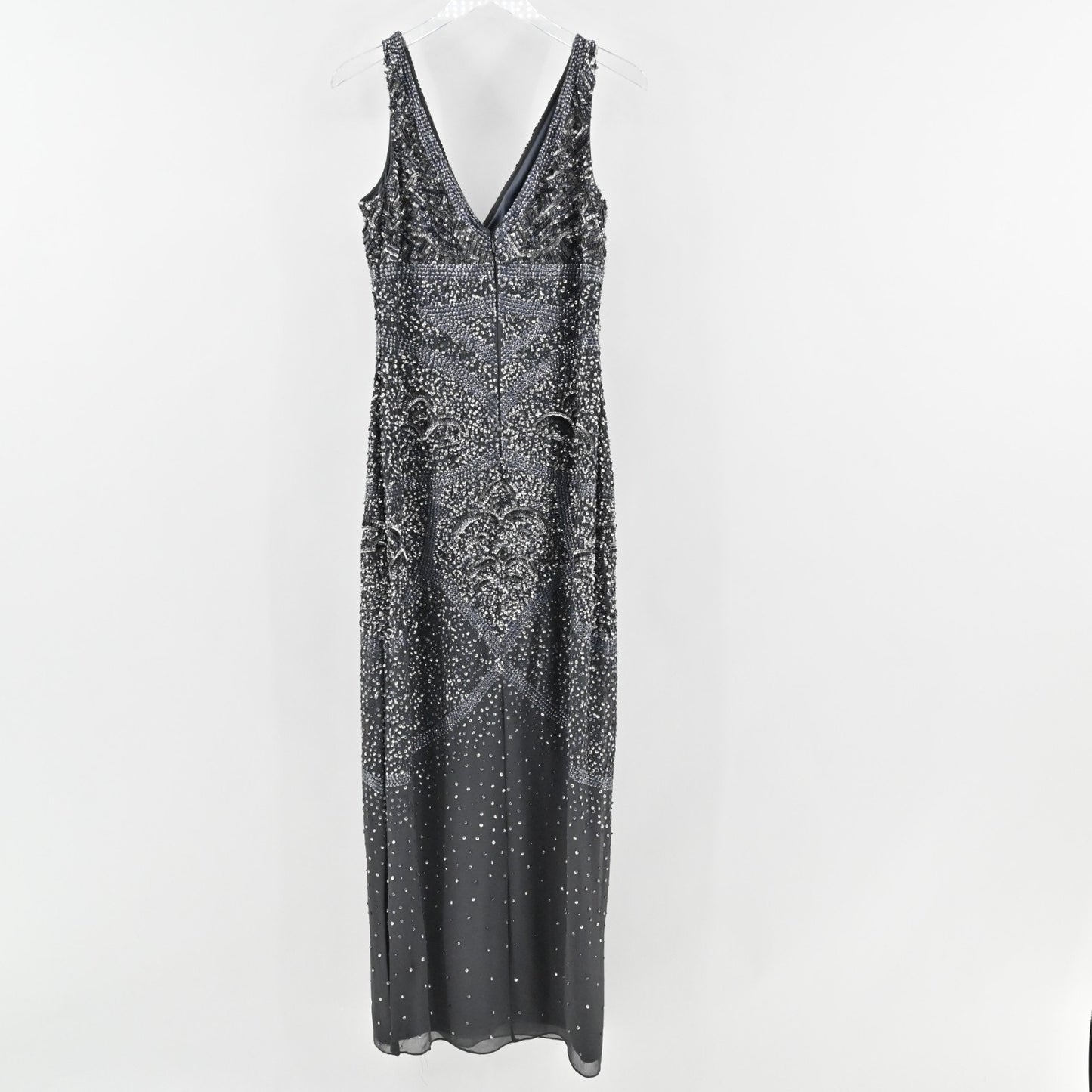 AIDAN MATTOX Sequin Maxi Dress Sz 10 VNeck Sleeveless Embellished Gunmetal Gown