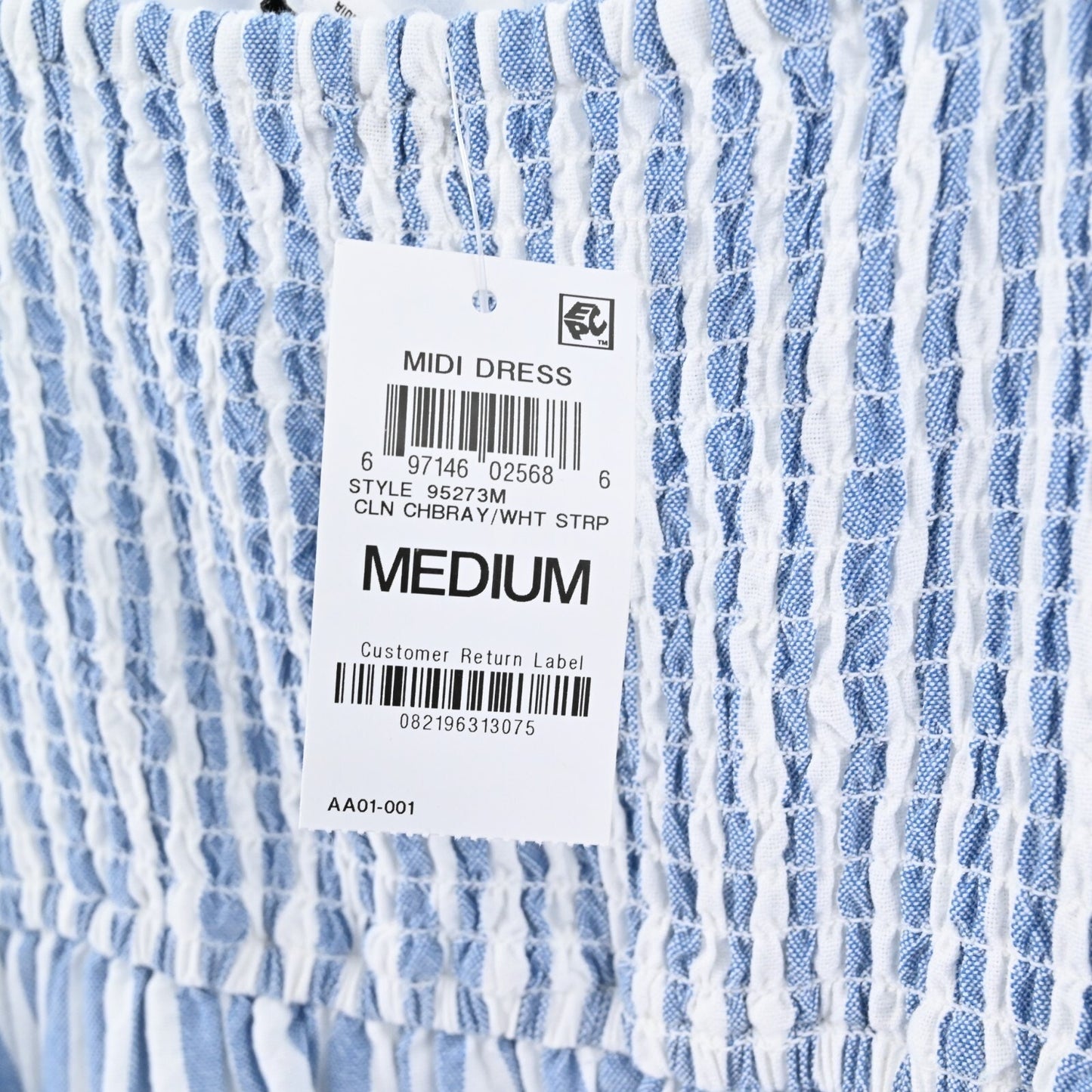 AND NOW THIS Dress Size M Chambray Blue White Stripe Ruffle Sleeveless Midi NEW