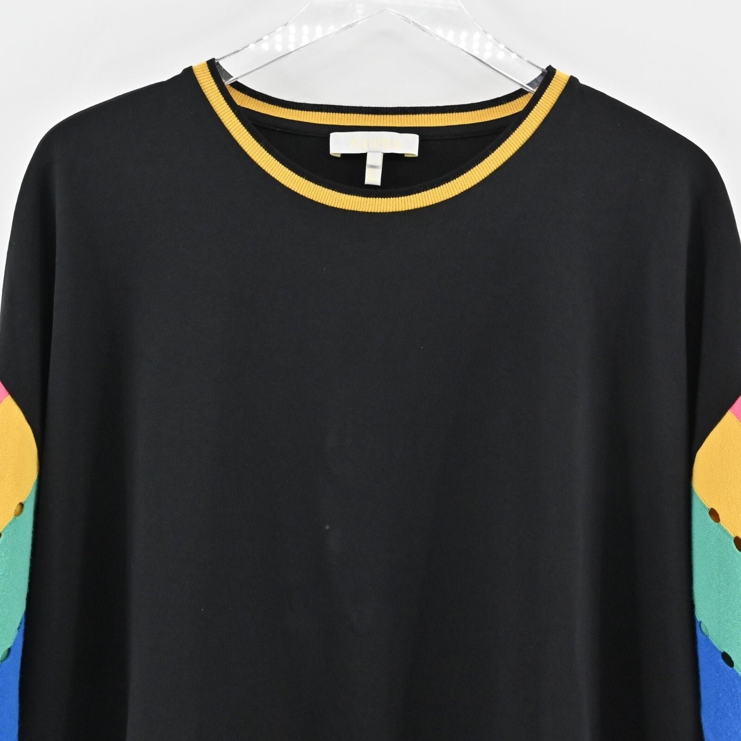 KNITSS Top Womens Size L Didi Knit Black Multicolor Rainbow Stripe Sleeve Shirt