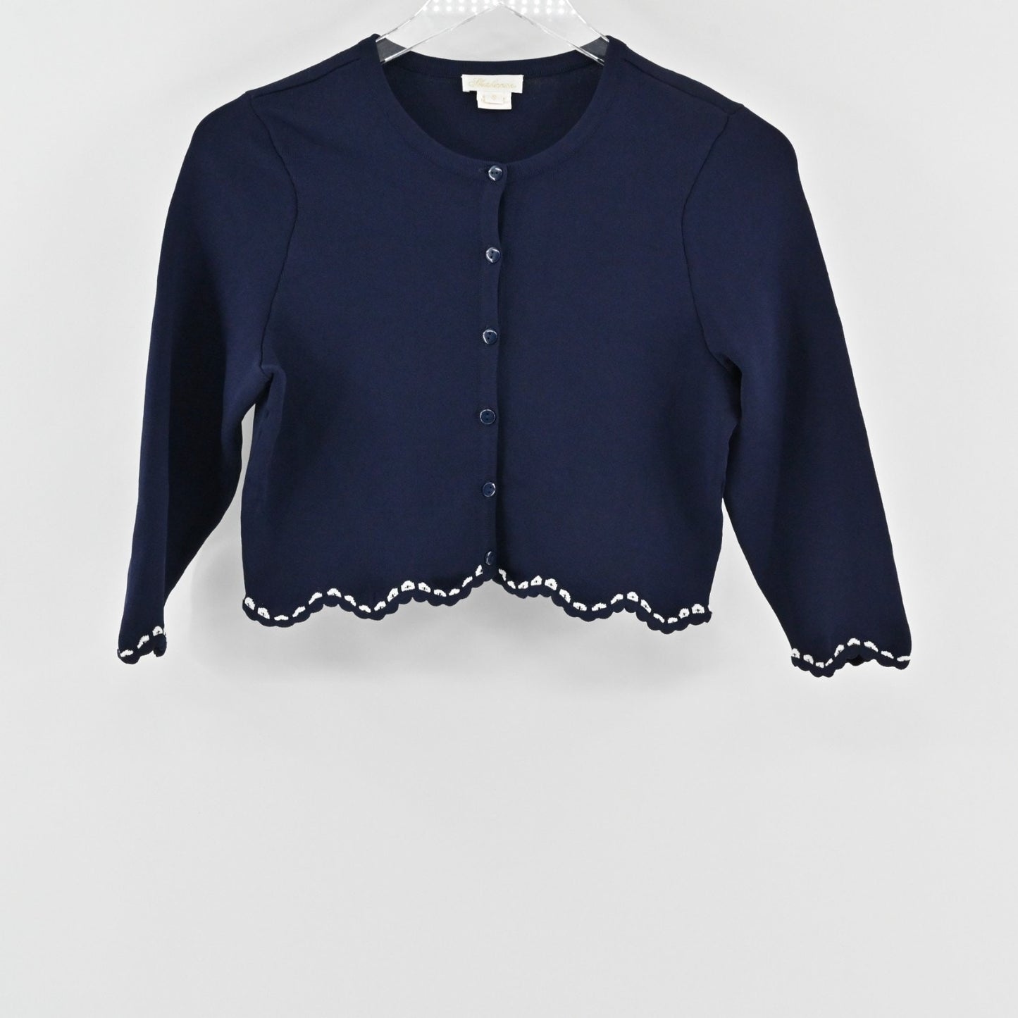 Shoshanna Womens Cardigan Sweater Sz S Navy Blue White Trim Scalloped Knit Crop