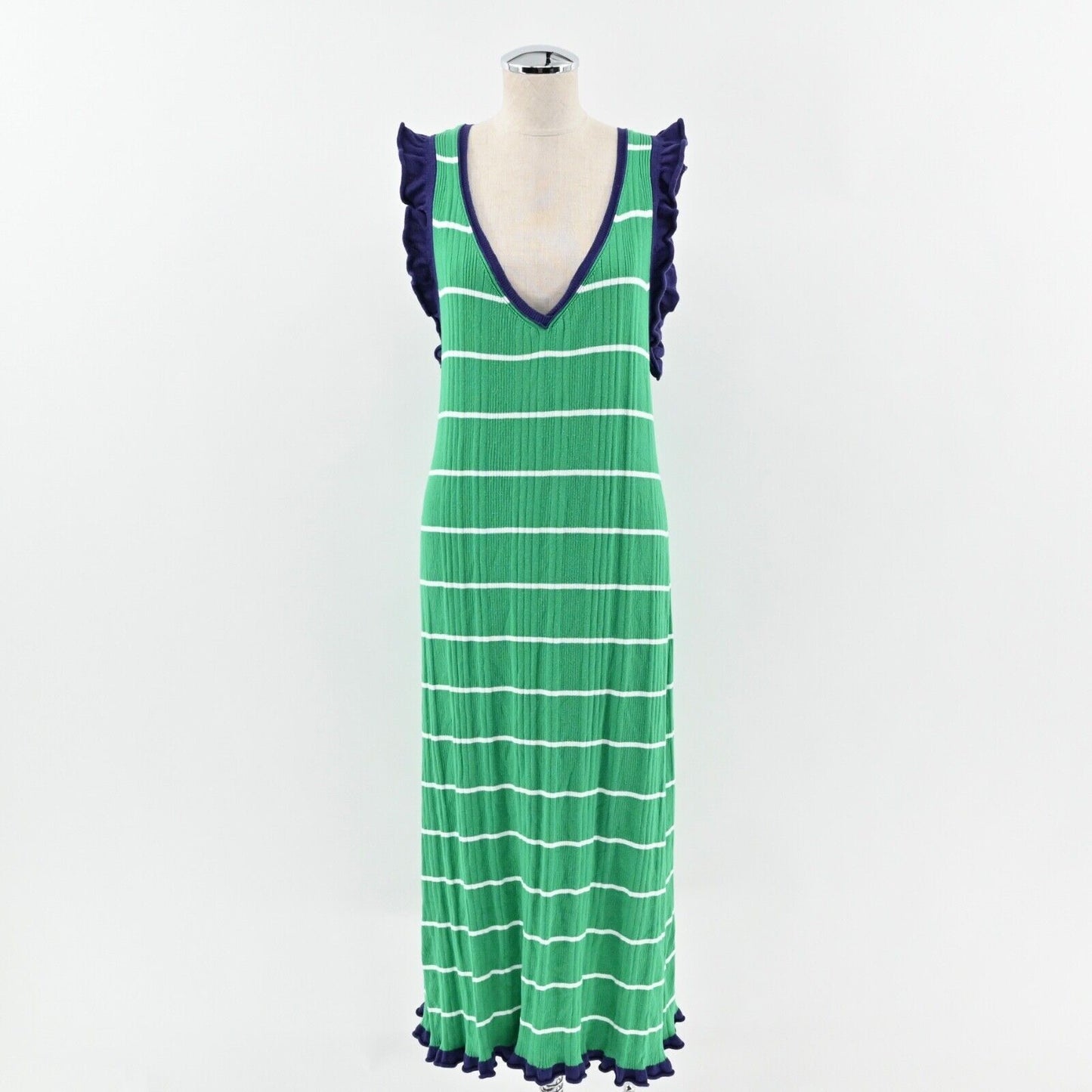 ANTHROPOLOGIE Dress Size XL Green Stripe Cotton Knit Ruffle Midi DAILY PRACTICE