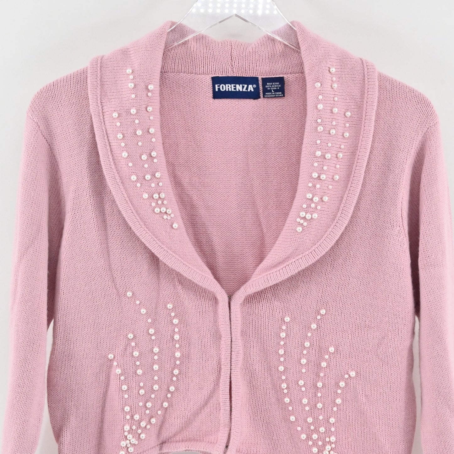 Vtg Y2k Forenza Womens Pink Cropped Cardigan Sweater Size L Pearl Beaded Detail
