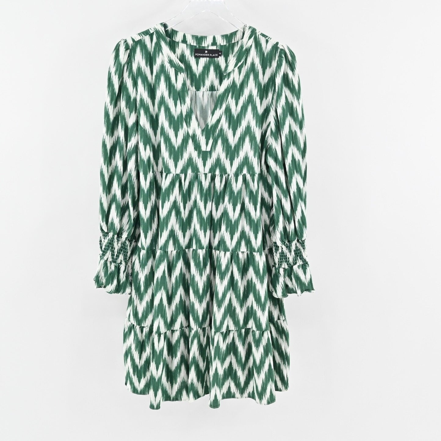 POMANDER PLACE Ikat Kenzo Dress Sz 2XL Green Chevron Ruffle Tiered Tuckernuck