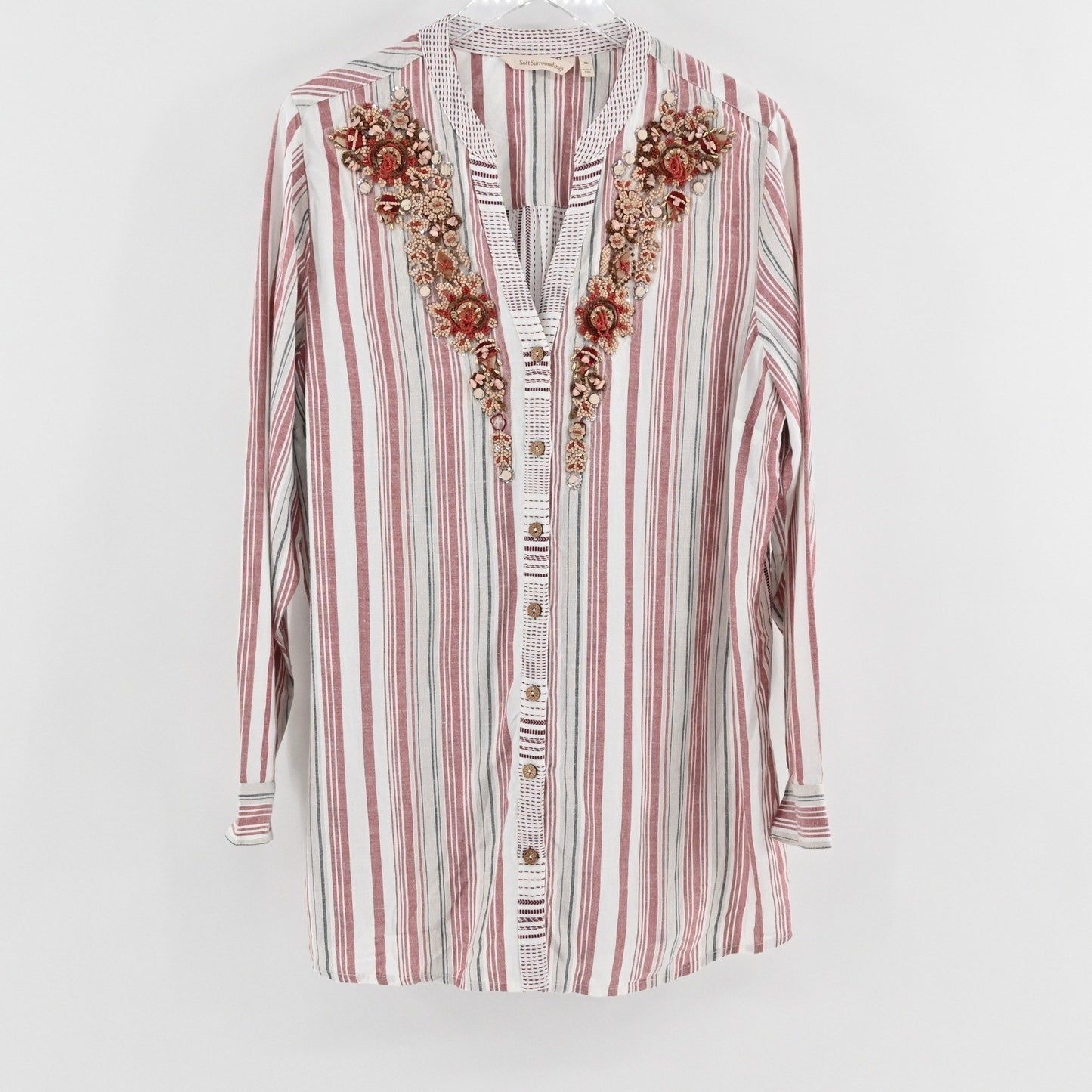 Soft Surroundings Womens Repose Berry Stripe Beaded Tunic Sz XL Boho Button Top