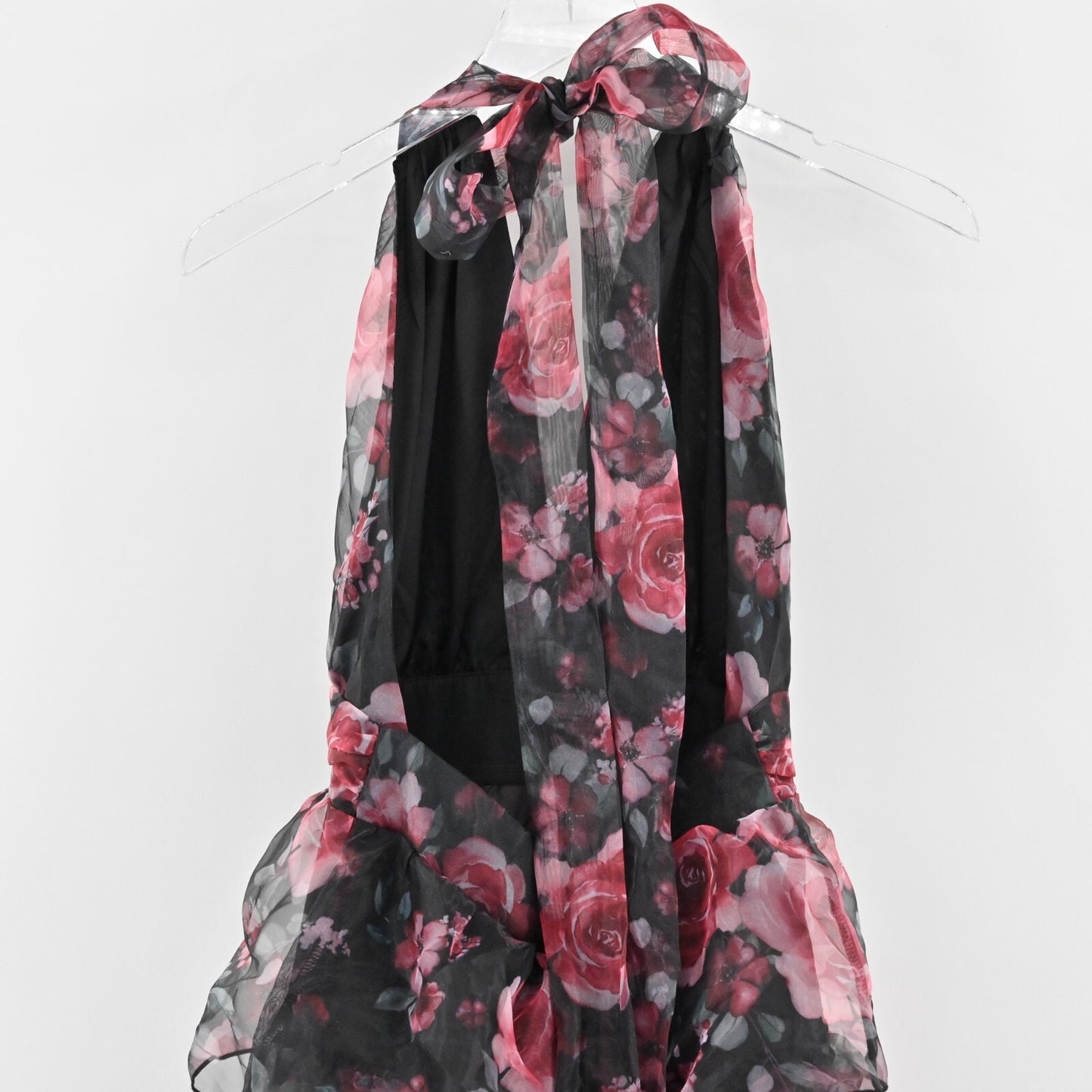 RIHOAS Dress Size S VNeck Floral Print Tiered Layered Halter Midi Black Pink NEW