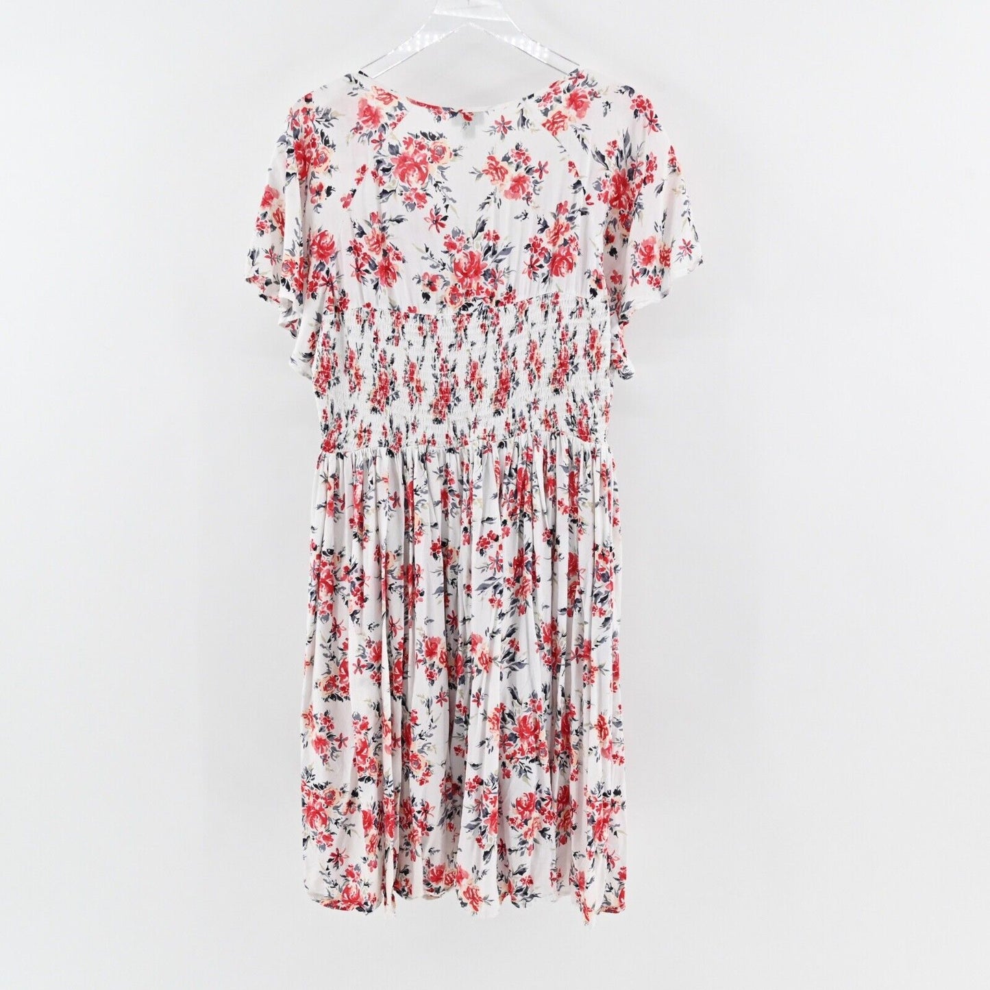 TORRID Dress Size 3X White Red Floral Smocked Tie V Neck Flutter Sleeve Shift