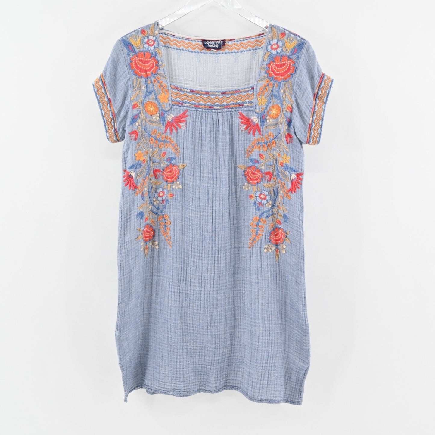 JOHNNY WAS Tikal Dress Sz S Poncho Workshop Floral Embroidered Gauze Square Neck