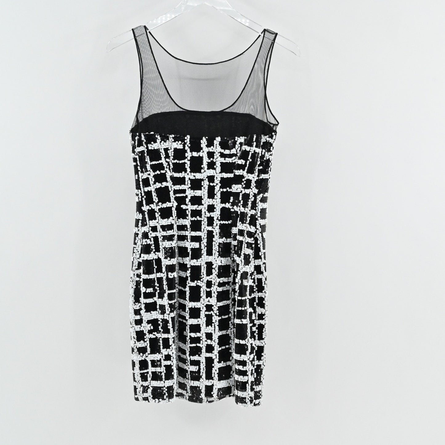Aidan Mattox Sequin Mini Dress Size 2 Black White Sheath Sleeveless Mesh Glam