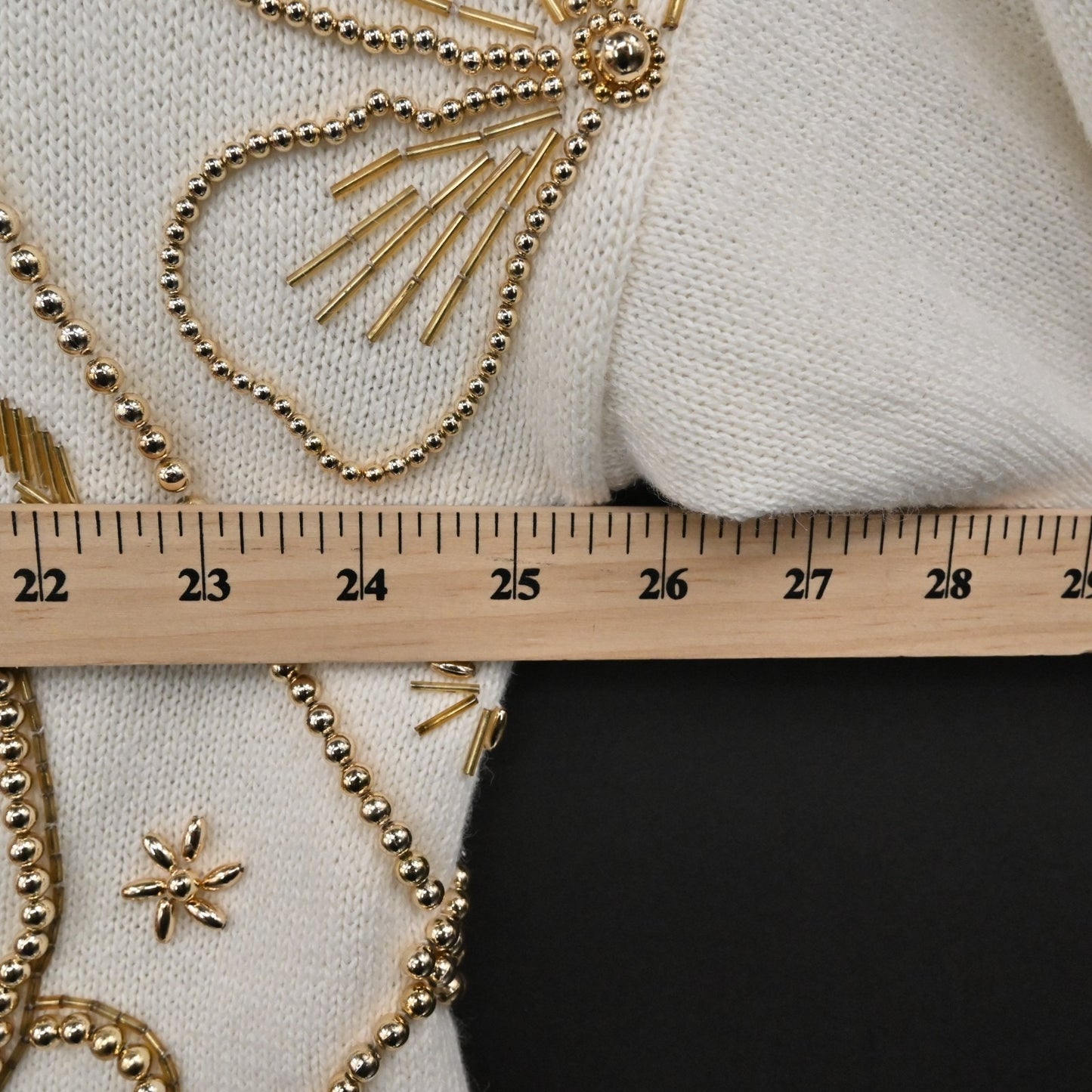 Vtg 80s Womens Gold Beaded Sweater Sz M Cream Victoria Jones Knit Fleur De Lis