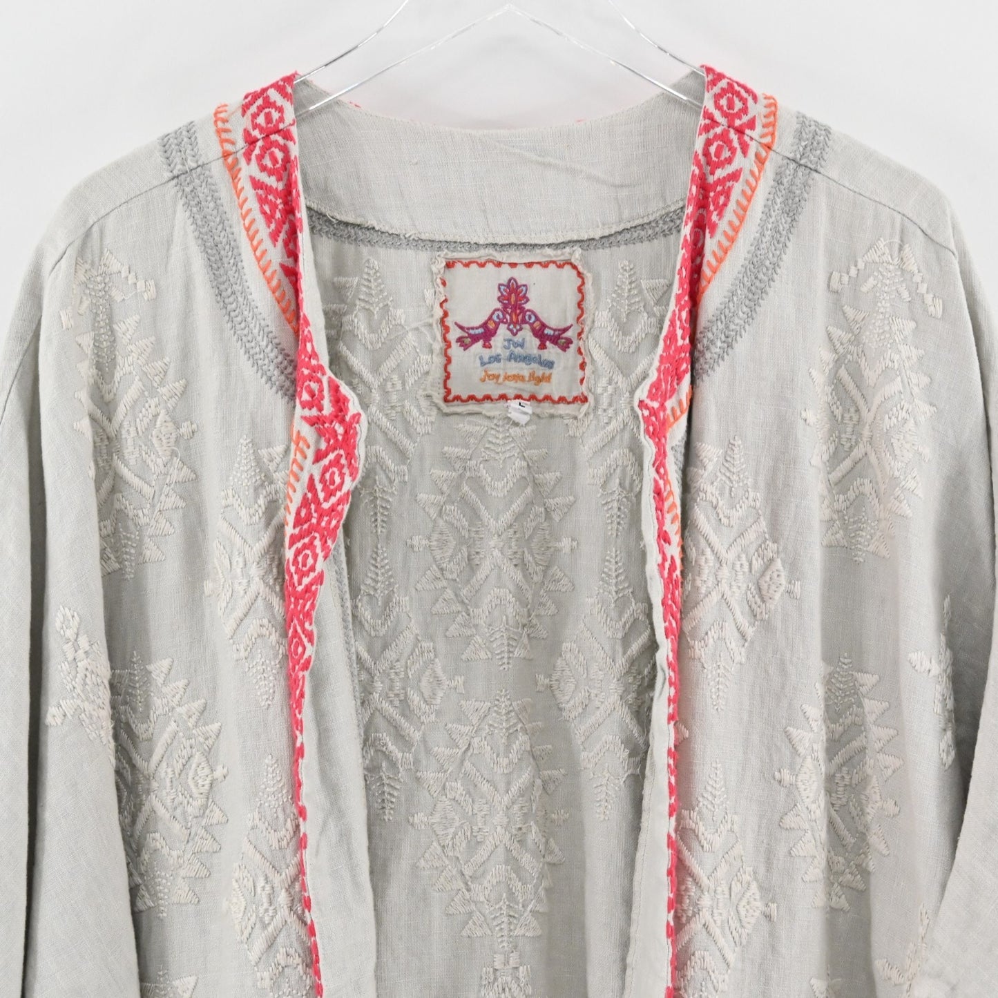 JOHNNY WAS Womens Linen Kimono Size L Embroidered Trim Batwing Boho Open Front