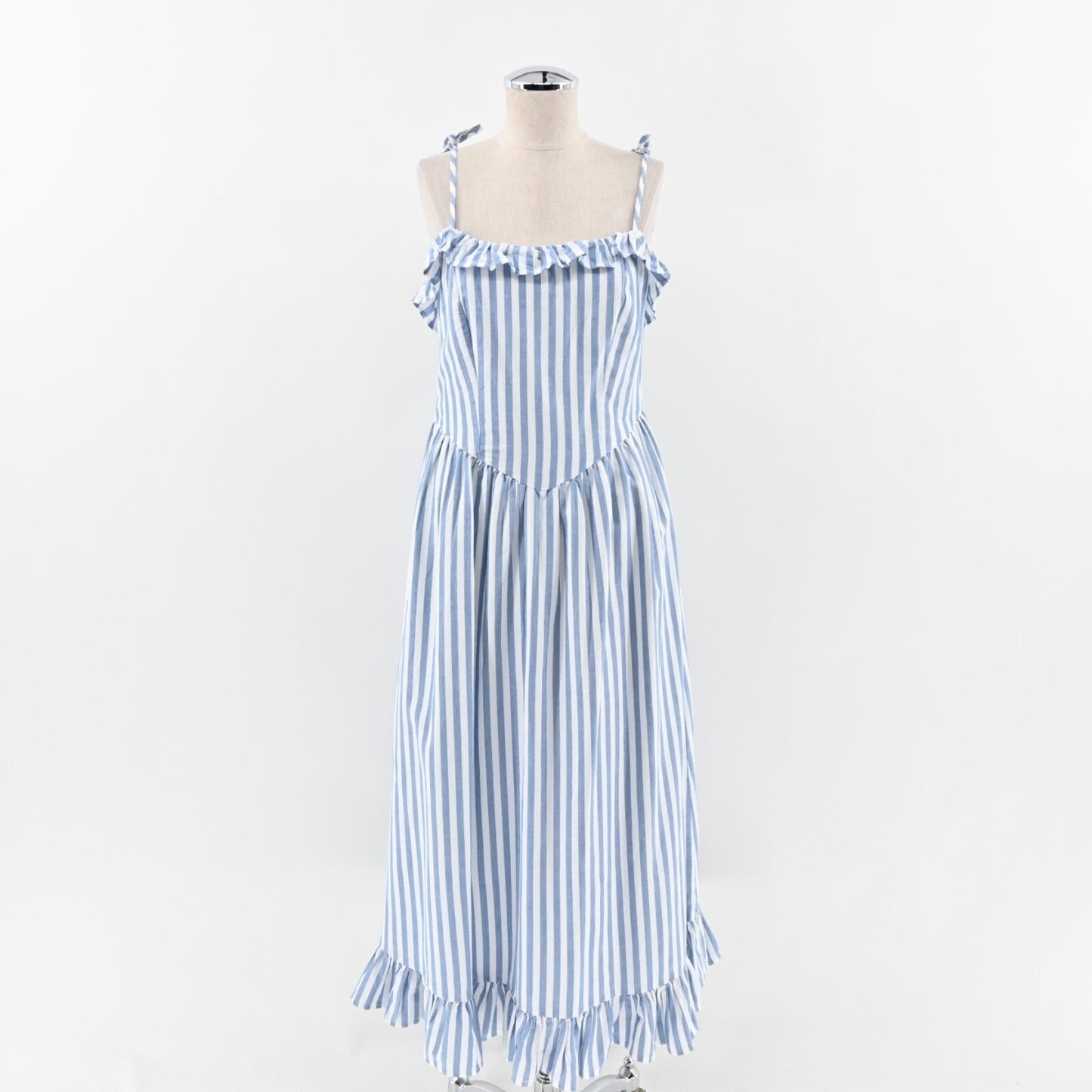 AND NOW THIS Dress Size M Chambray Blue White Stripe Ruffle Sleeveless Midi NEW