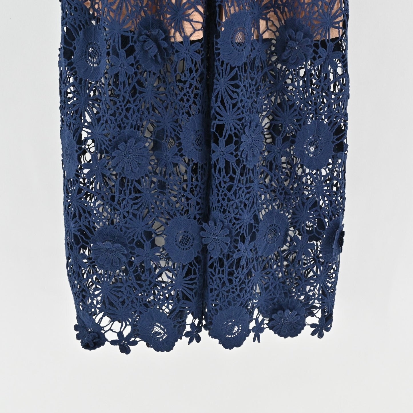 FEW MODA Navy Floral Midi Dress Size M Yoke Collar Lace Overlay Preppy Chic NEW