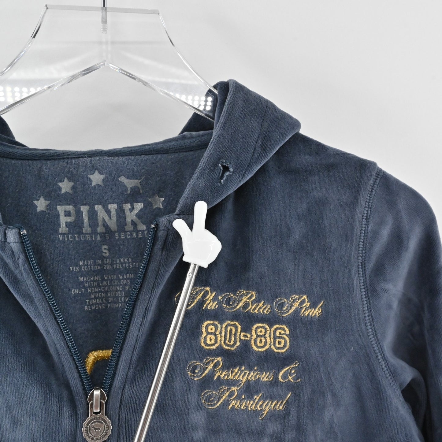 PINK Victorias Secret Womens Velour Hoodie Sz S Slate Embroidered Sorority Zip