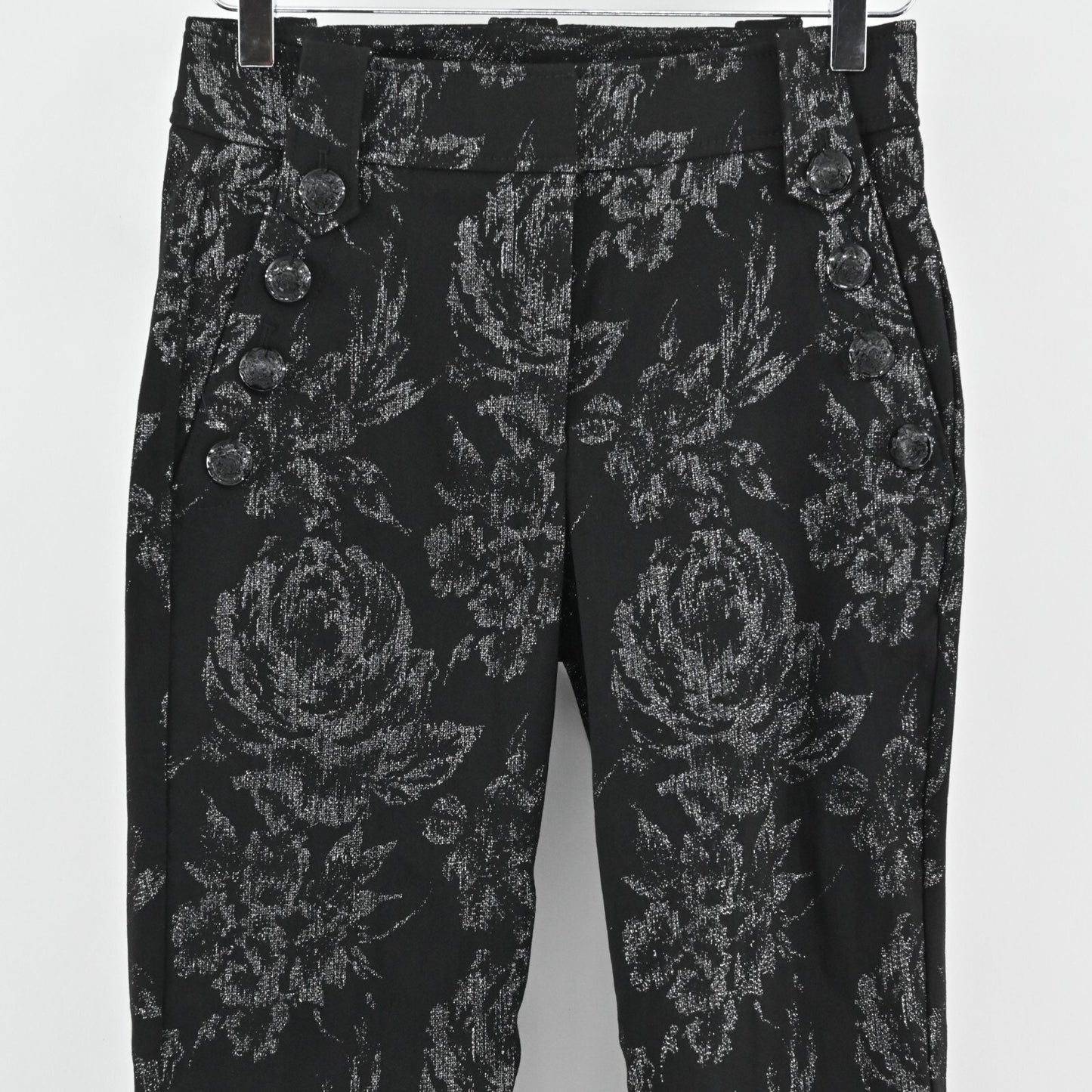 WHBM Brocade Floral Pants Womens 4 Jacquard Floral Tuxedo Silver Button Metallic