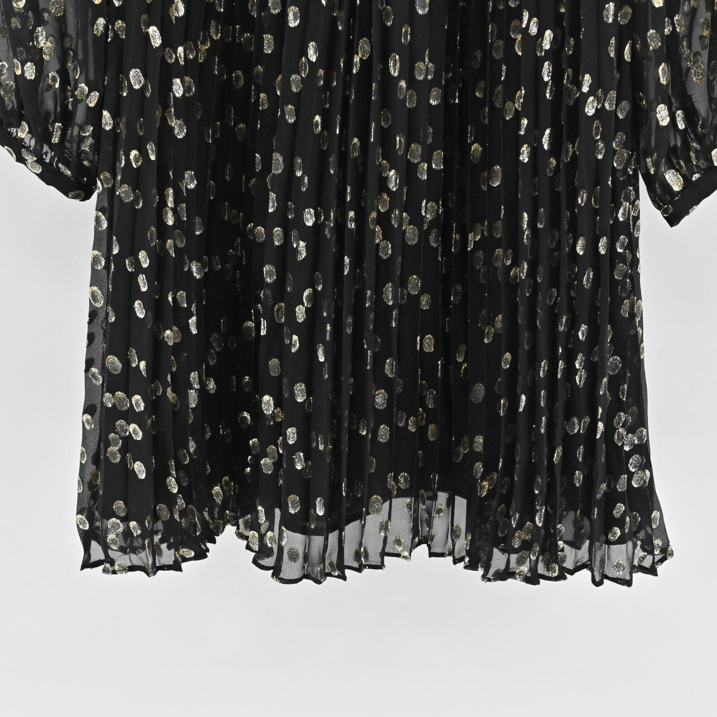 A LOVES A Metallic Dress Size S Black Gold Dot Silk Blend VNeck Accordion NEW