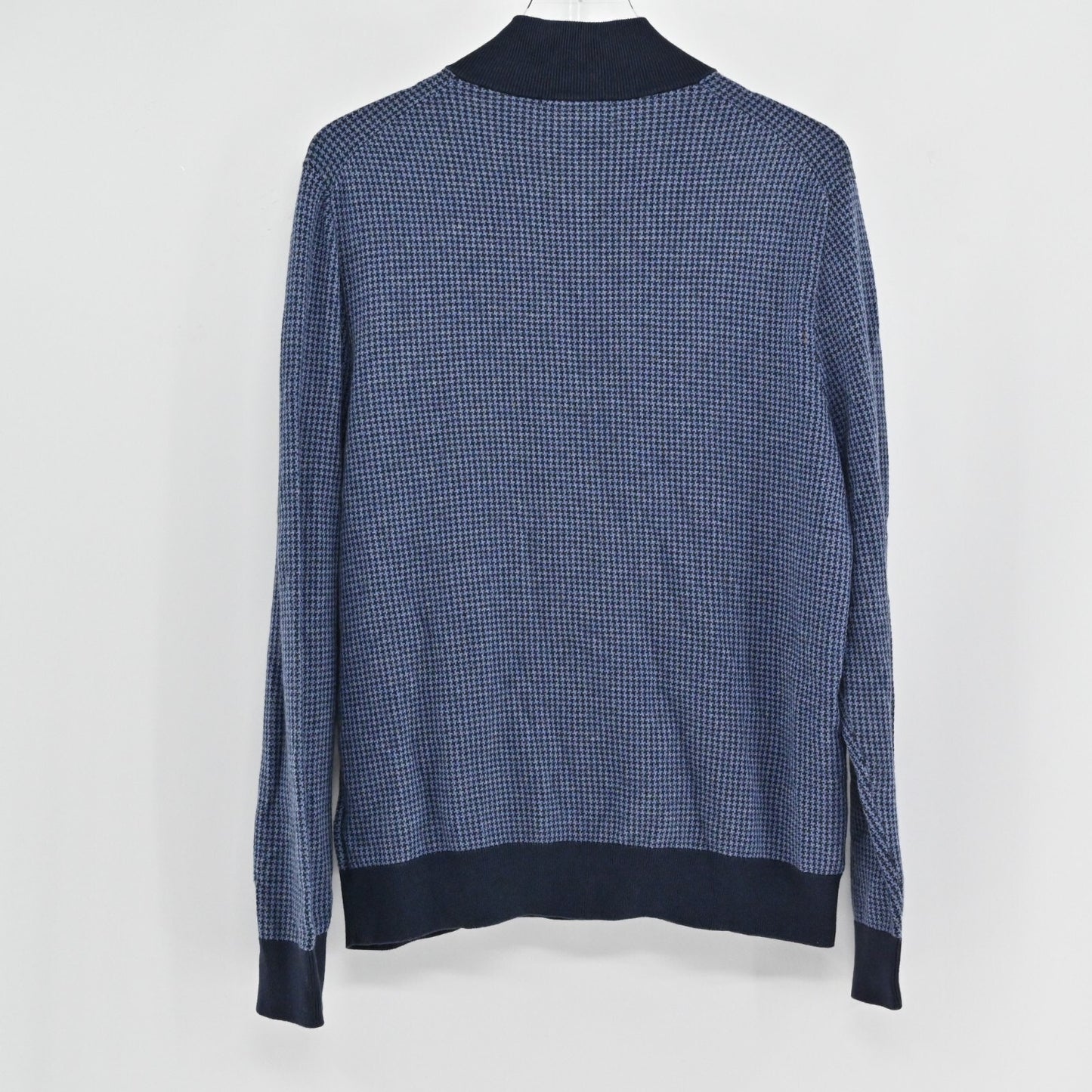 BROOKS BROTHERS Mens Cashmere Sweater Sz L Blue Houndstooth Cotton 1/4 Zip Mock