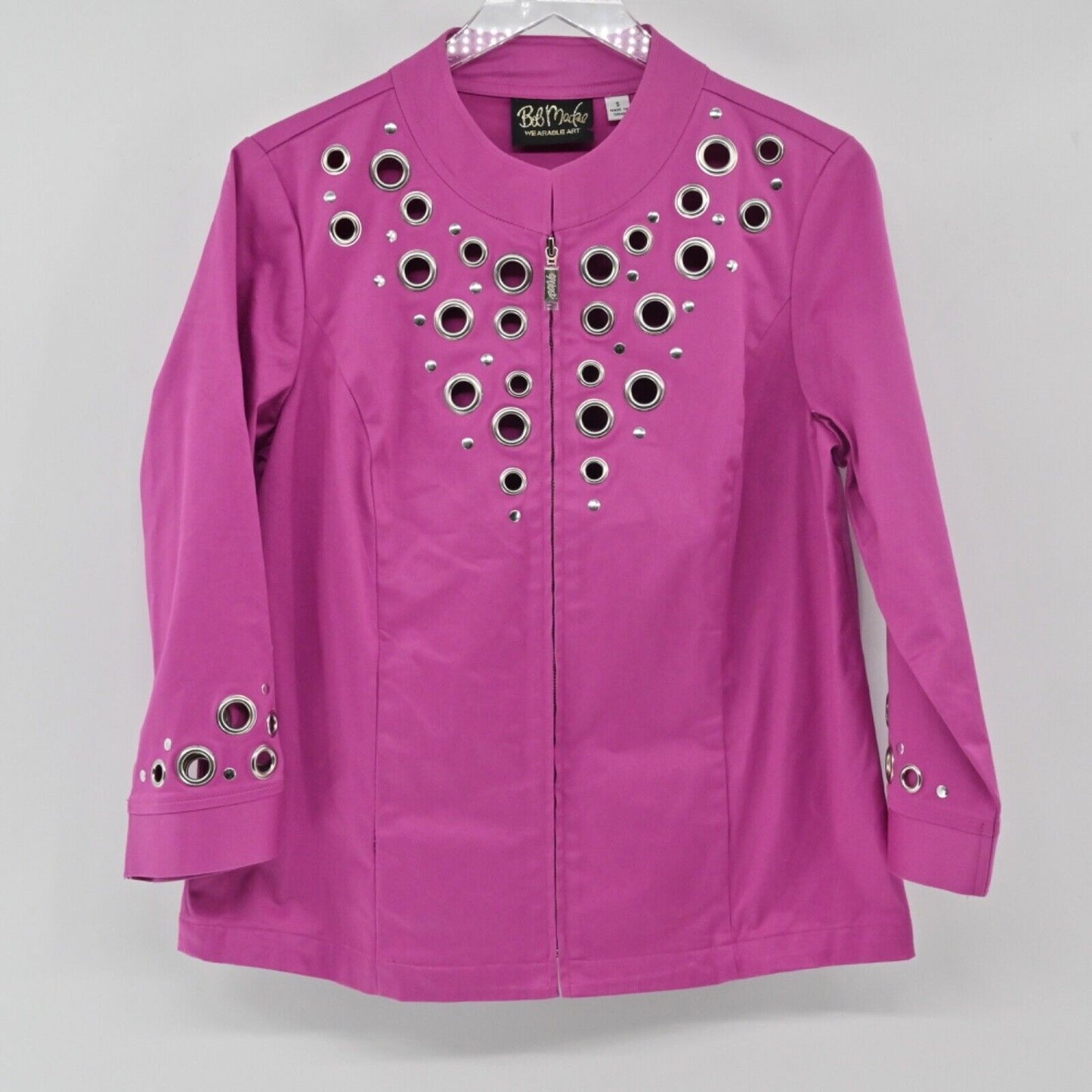 Vtg BOB MACKIE Jacket Womens Size S Pink Grommet Studded 3/4 Sleeve Full Zip 90s