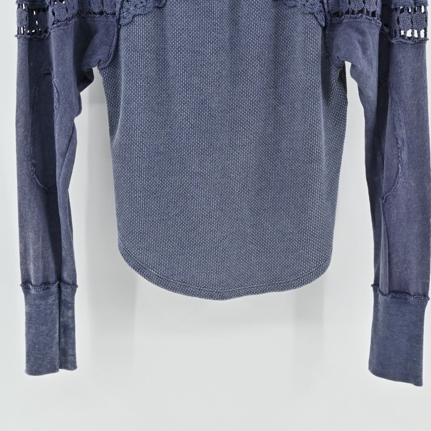Free People Luella Tee Shirt Thermal Top Size XS Crochet Inset Quarry Blue Boho