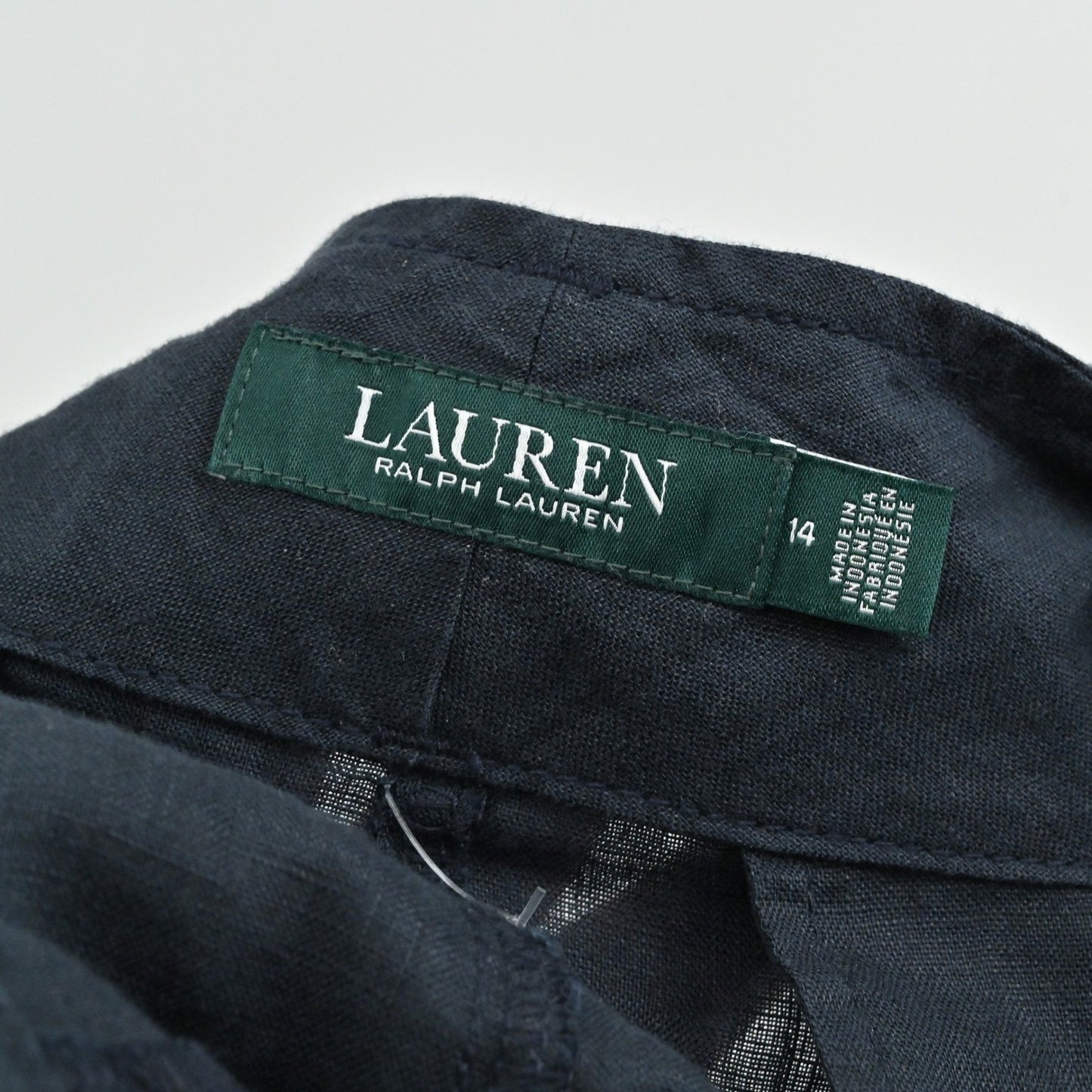 Ralph Lauren Womens Cropped Linen Pants Size 14 Navy Tie Waist Preppy Summer LRL