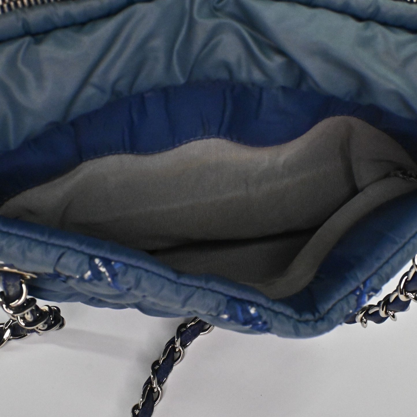 CHANEL Shoulder Bag Byzance Tweed On Stitch Blue Nylon Quilted Chain Strap