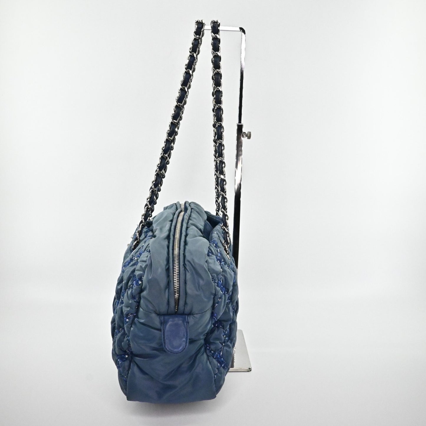 CHANEL Shoulder Bag Byzance Tweed On Stitch Blue Nylon Quilted Chain Strap