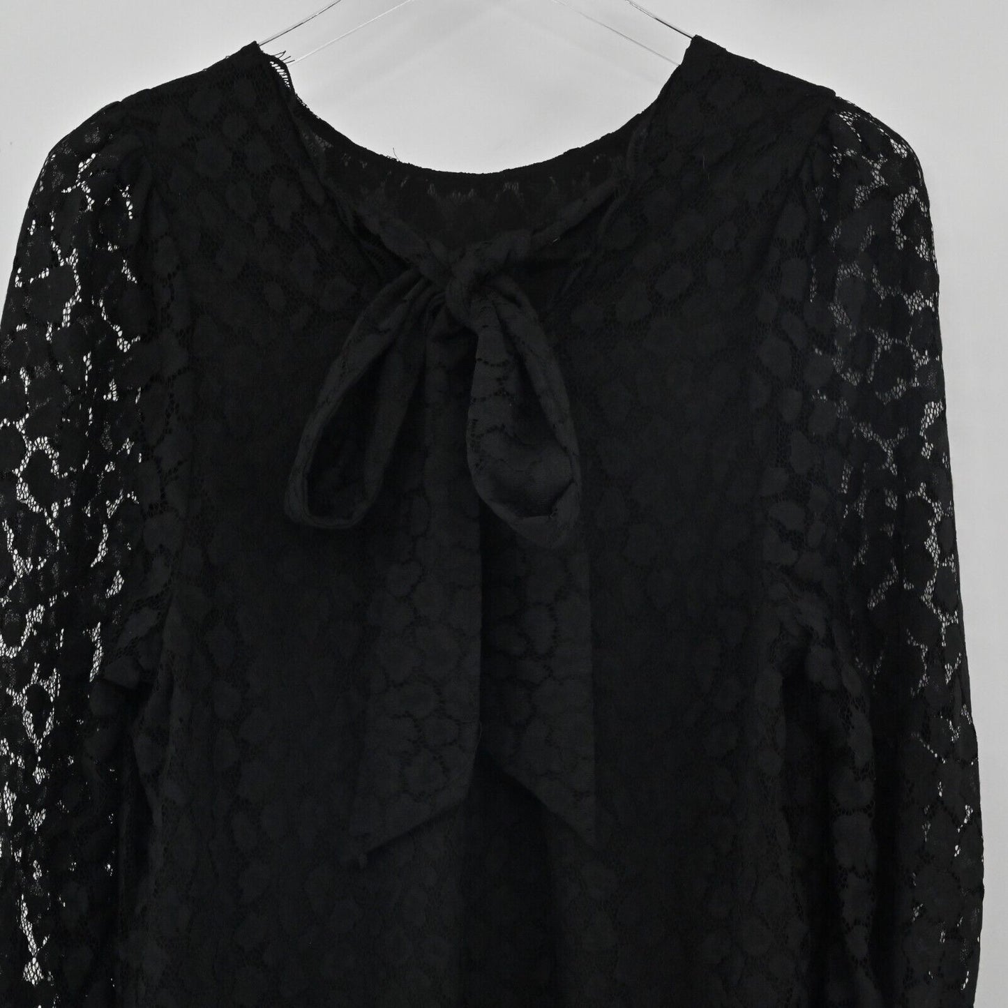 WHISTLES Dress Womens Sz 12 Black Animal Lace Tie Detail Sheer Puff Sleeve Shift