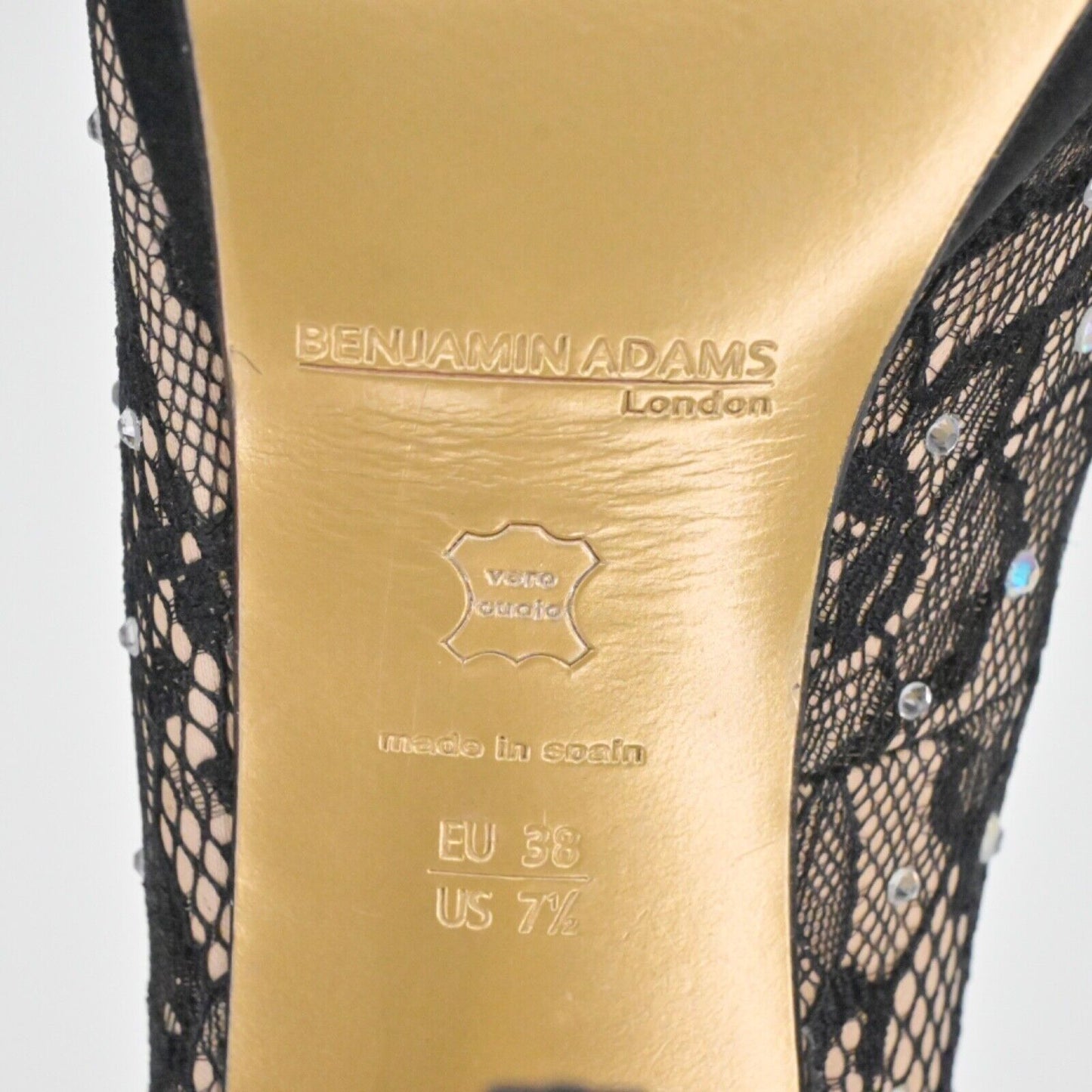 BENJAMIN ADAMS Pumps Womens Sz 7.5 Black Lace Rhinestone Peep Toe Stiletto Heel