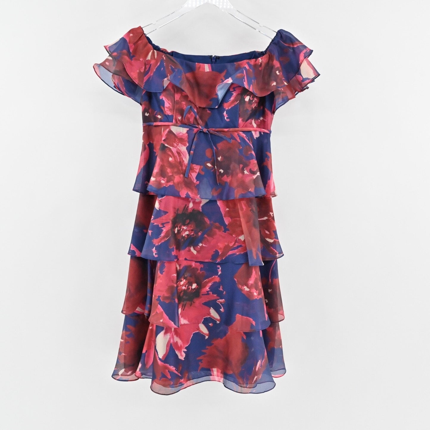 RICKIE FREEMAN TERI JON Tiered Cocktail Dress Sz 6 Blue Floral Off The Shoulder