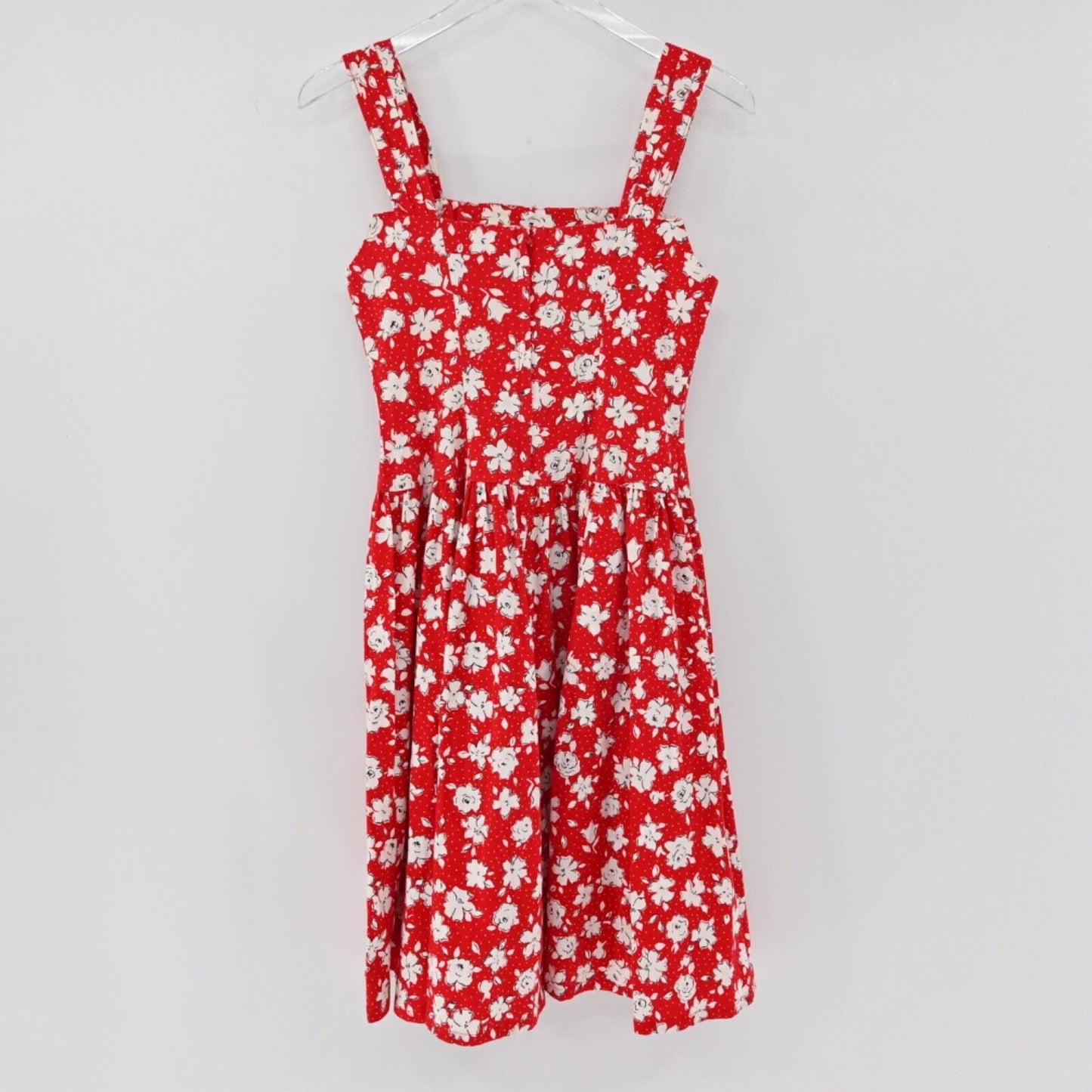 Vtg PAQUETTE Dress Women Sz 6 Red Floral Cotton Square Neck Basque Waist USA 90s