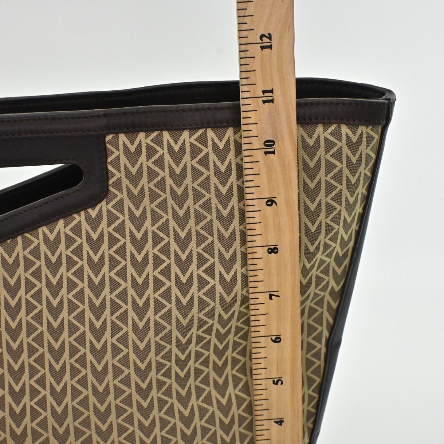 MICHAEL KORS Monogram Bag MK Print Cutout Handle Mixed Media Brown Tan Decoupe