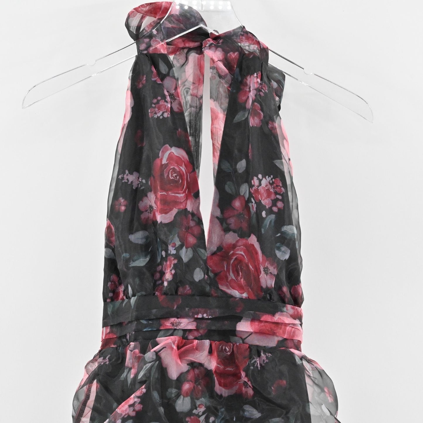 RIHOAS Dress Size S VNeck Floral Print Tiered Layered Halter Midi Black Pink NEW