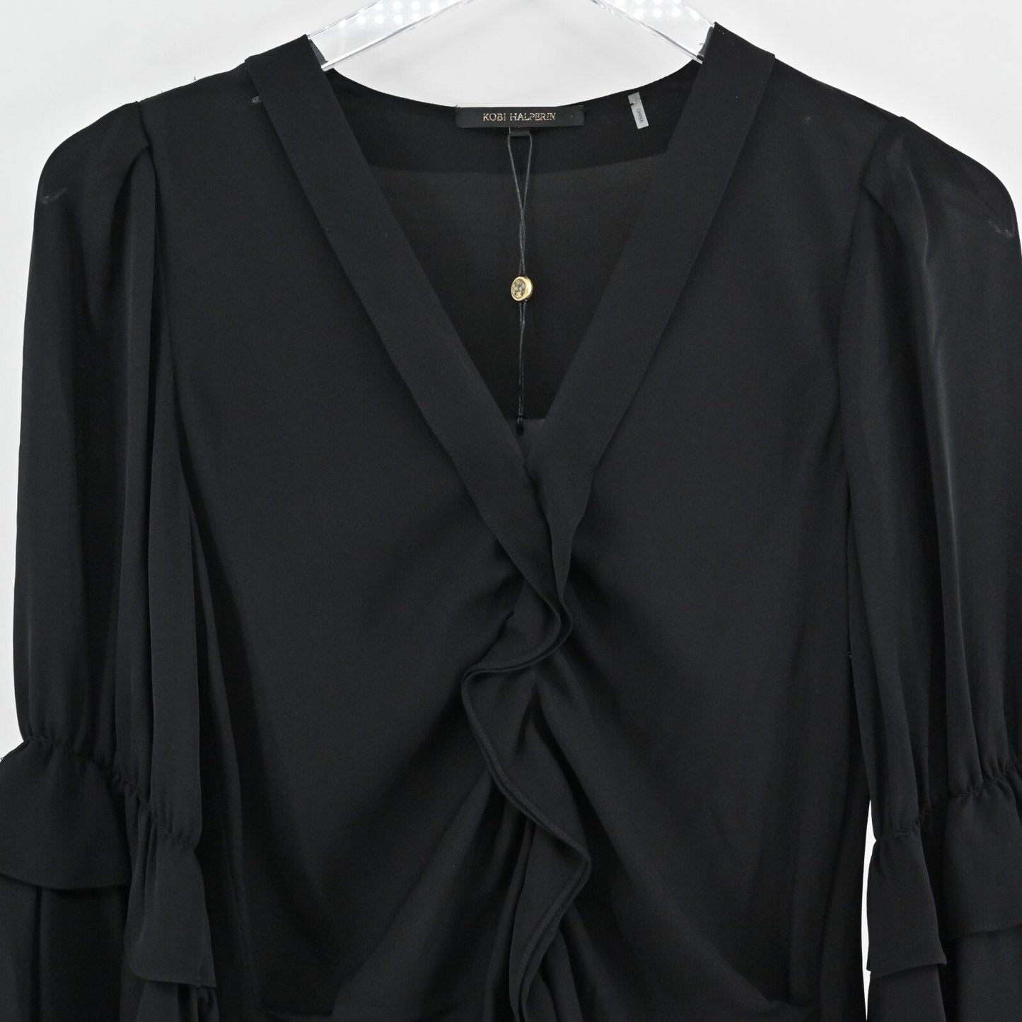 KOBI HALPERIN Womens Silk Top Size XS Demy Black Ruffle Whimsigoth Blouse NEW