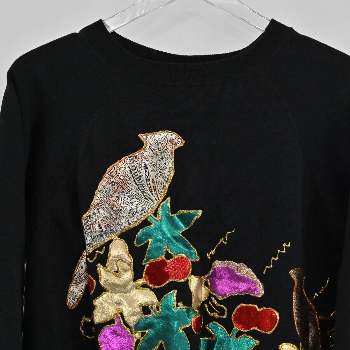 Vtg HANES Sweatshirt Womens Size L Black Glitter Puff Paint Autumn Birds USA 90s