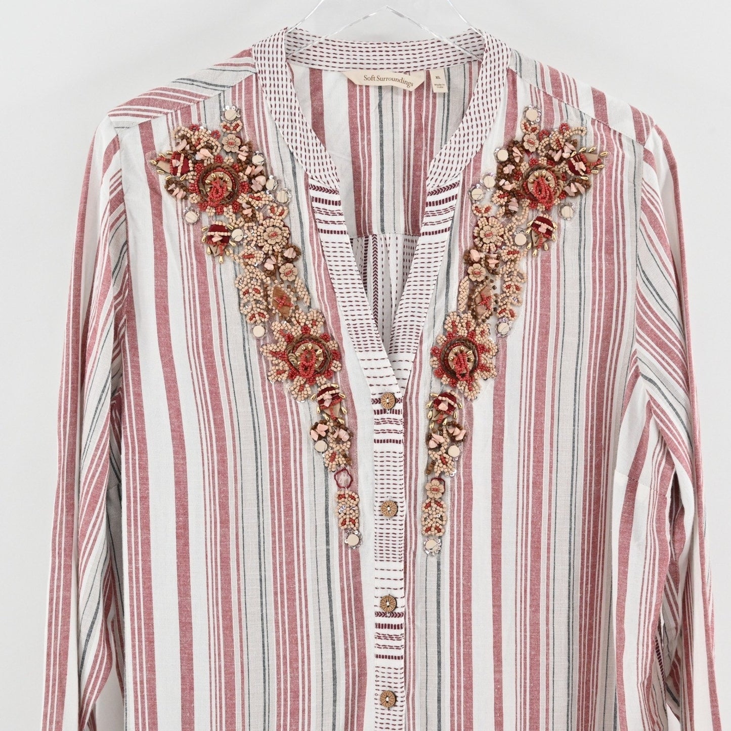 Soft Surroundings Womens Repose Berry Stripe Beaded Tunic Sz XL Boho Button Top