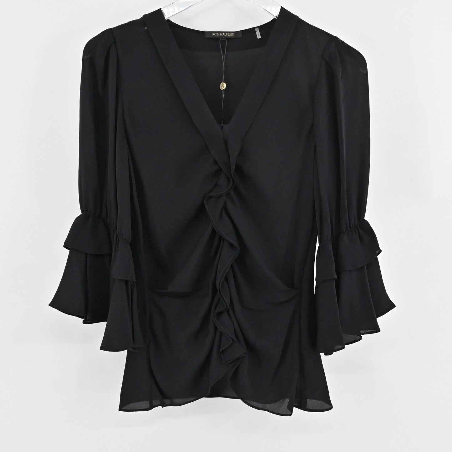 KOBI HALPERIN Womens Silk Top Size XS Demy Black Ruffle Whimsigoth Blouse NEW