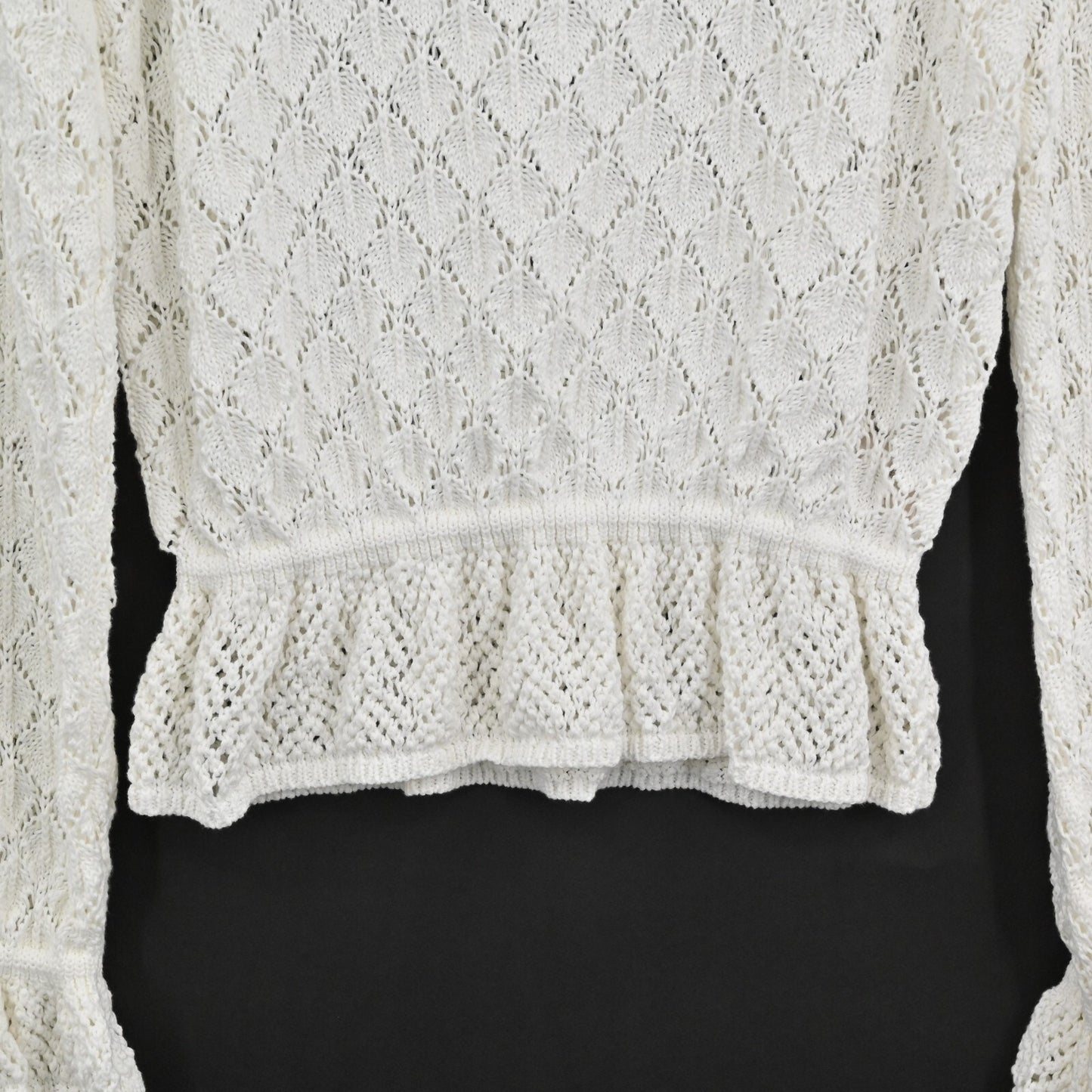 ANTHROPOLOGIE Womens Pointelle Sweater Size M Flounce Hem Knit Ivory Preppy NEW