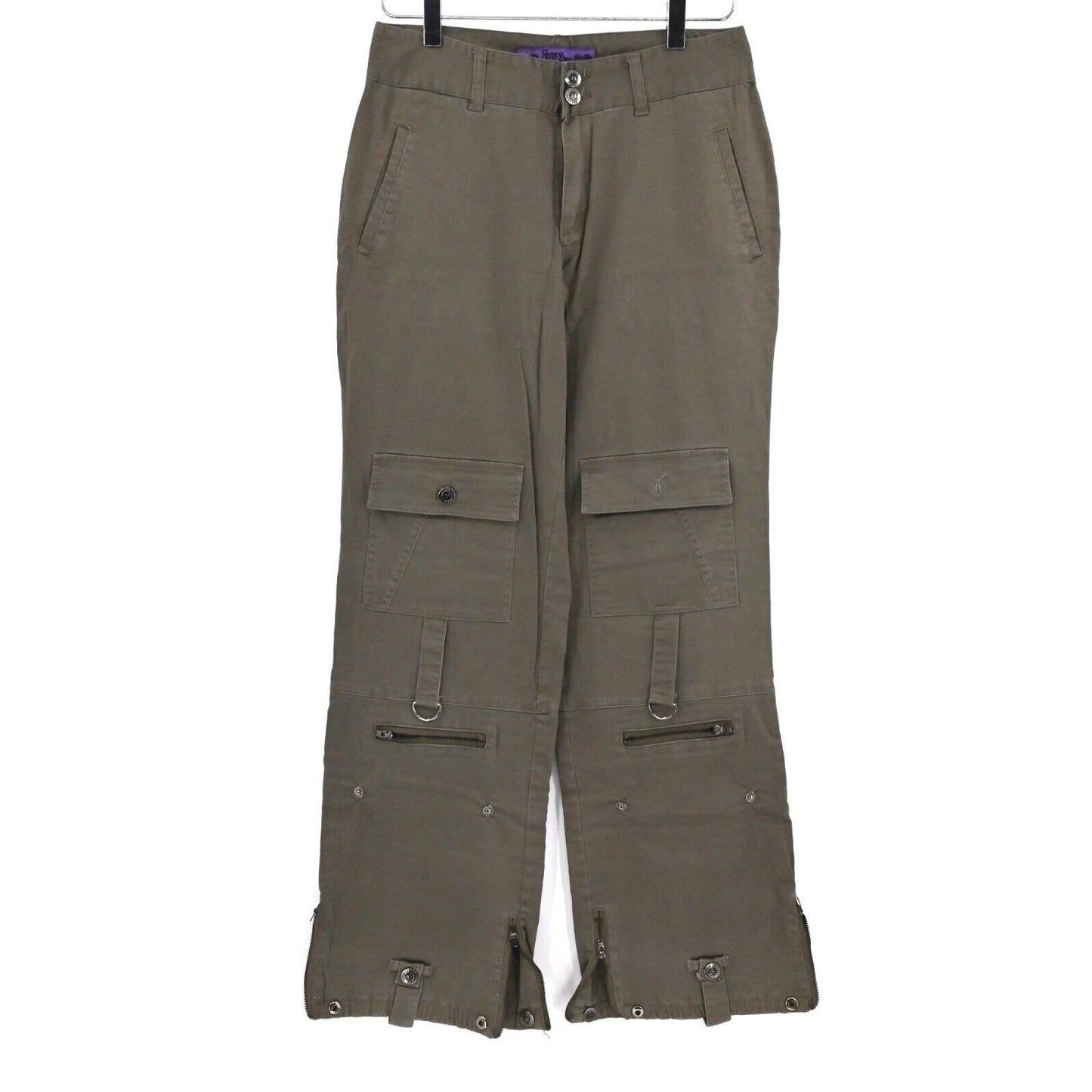 Vintage GYPSY JEANS Pants Womens Sz 6 Army Green Cargo Roll Tab Hem Utility Y2k