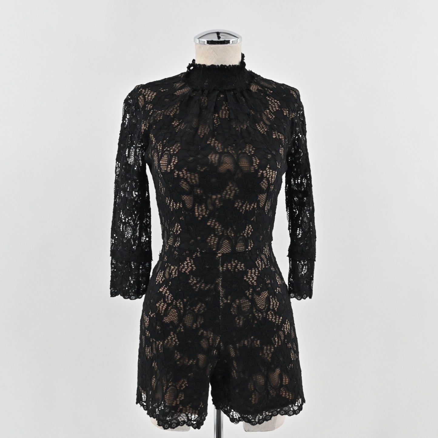 ALEXIS Womens Jing Black Lace Pattern Romper Size XS Mock Neck 3/4 Sleeve Chic