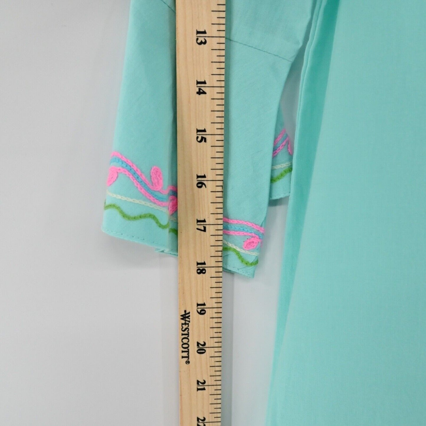 UNE BELLE TROUVAILLE Dress Womens Sz M Blue Embroidered Floral Cotton Tunic Maxi