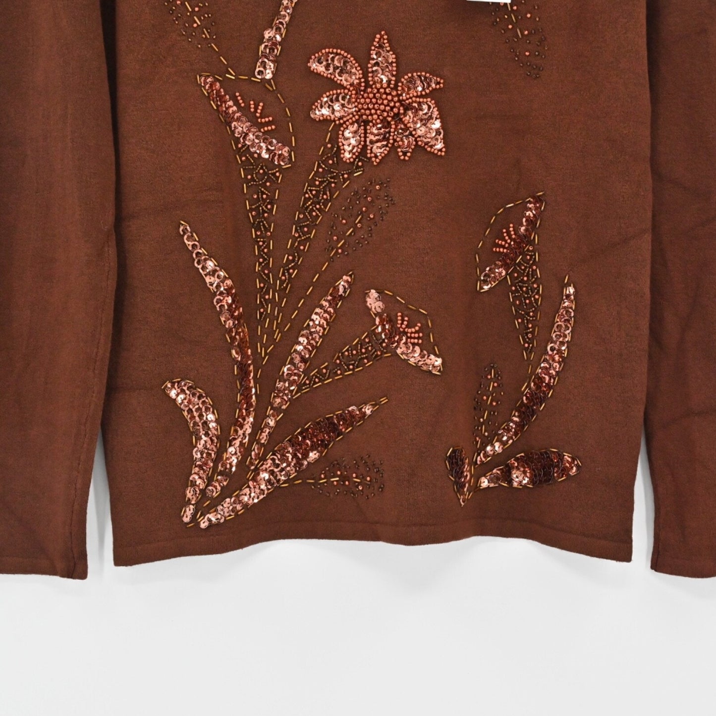 Vtg Y2k Sequin Floral Sweater Womens Size XS Brown Knit Beaded Hippie Dead Stock