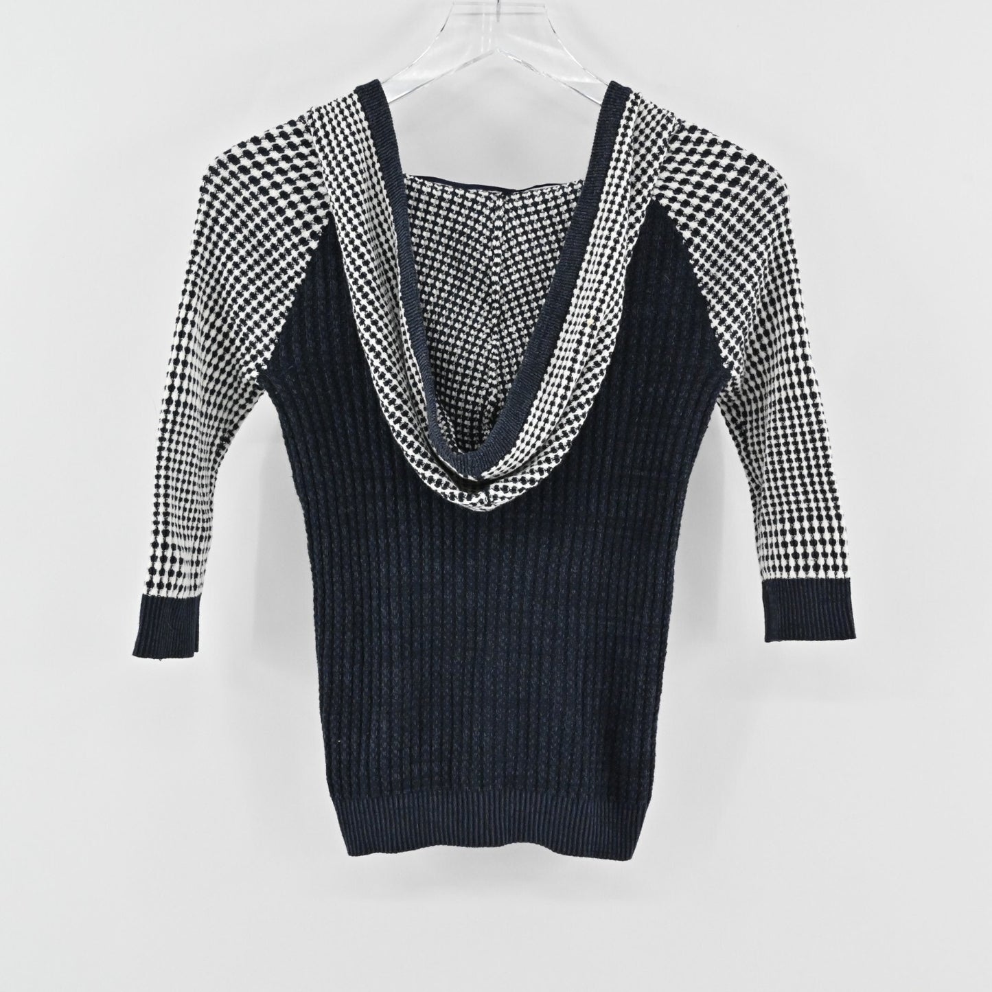 FREE PEOPLE Womens Hooded Sweater Size S Navy Blue White Cotton Knit Fitted Top