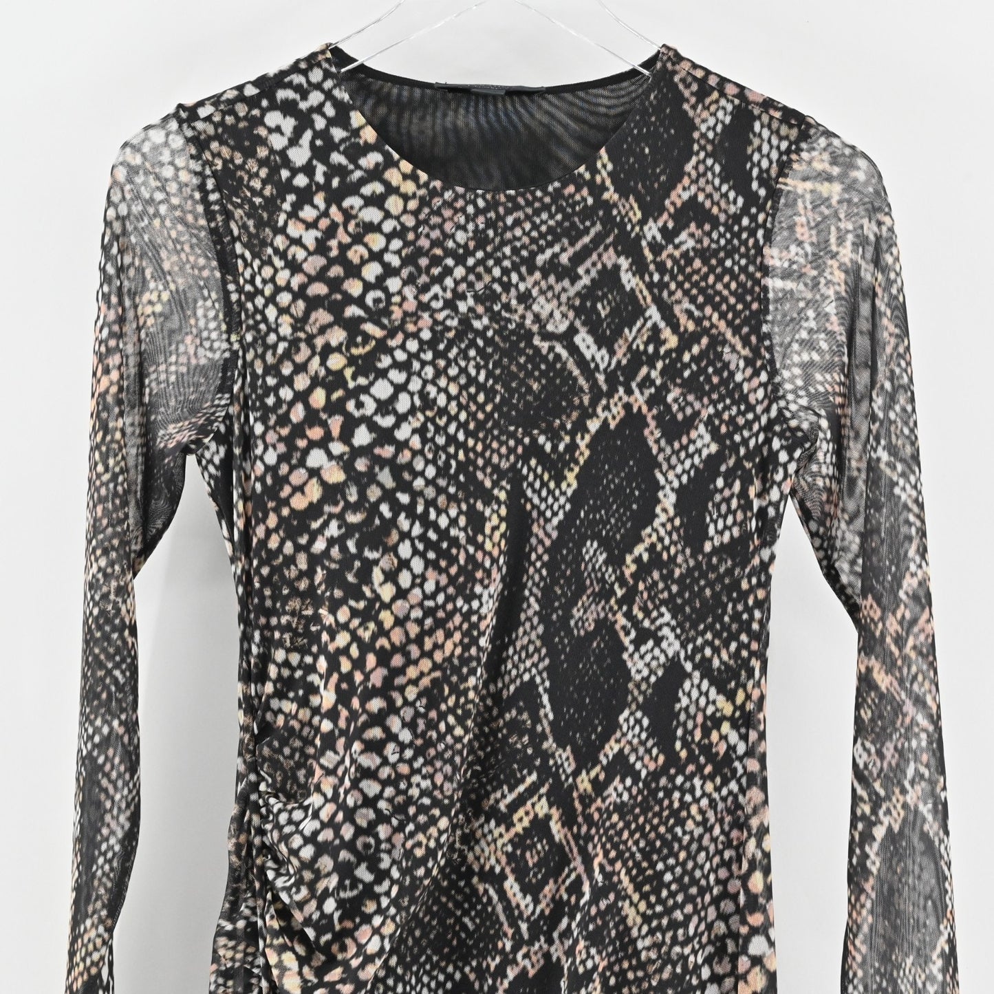 ALLSAINTS Nora Waima Dress Size 6 Slim Fit Ruched Midi Black Snake Motif Print