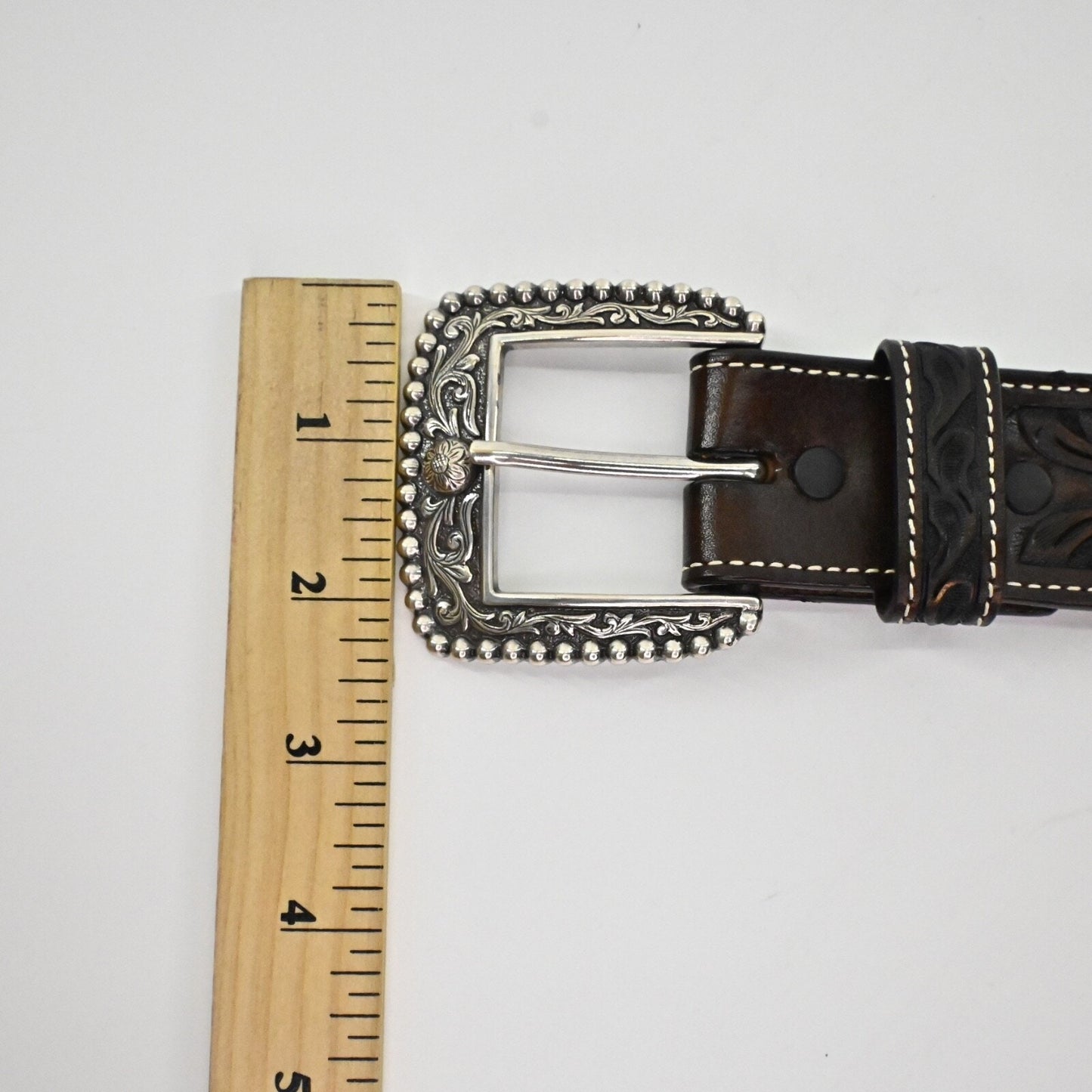 ARIAT Womens Tooled Leather Belt Size 38 Dark Brown Floral Silver Buckle Western
