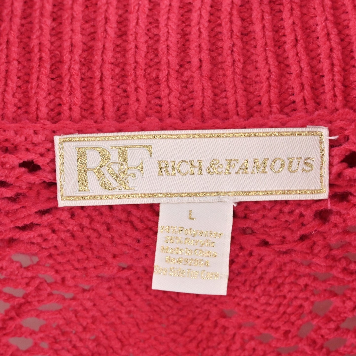 RICH FAMOUS Jacket Womens Size L Hot Pink Knit Sweater Full Zip Ruffle Collar