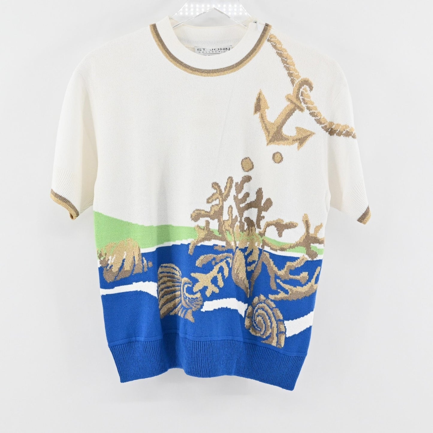ST JOHN Sweater Womens Size MP Santana Knit Wool Blend Nautical Ocean Dog Show