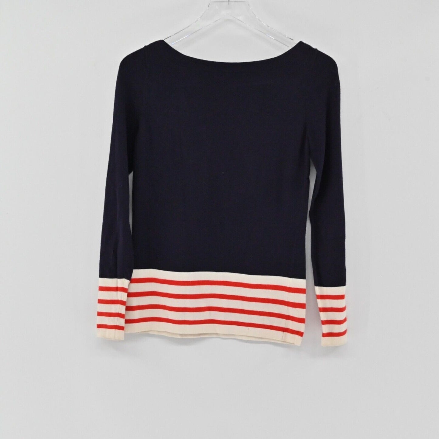THEORY Sweater Womens Size M Navy Blue Red Stripe Jesup Dream Boat Neck Preppy