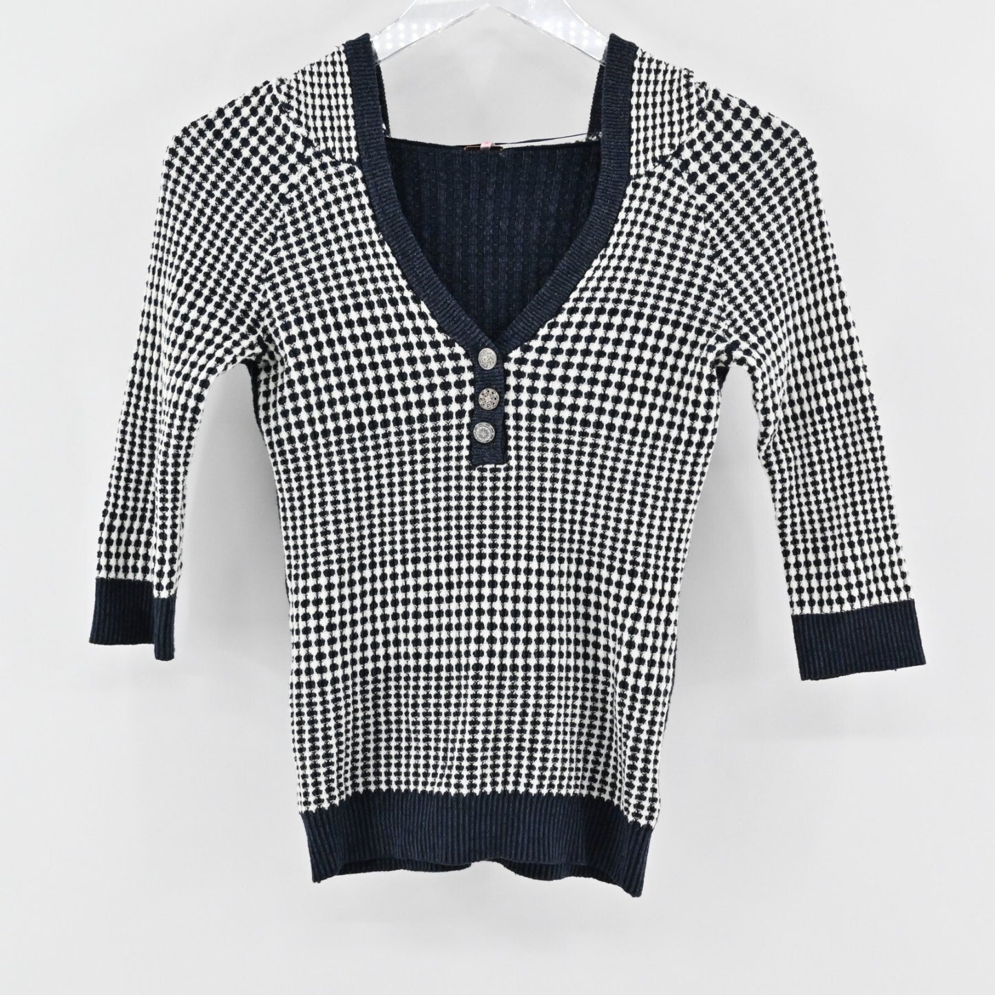 FREE PEOPLE Womens Hooded Sweater Size S Navy Blue White Cotton Knit Fitted Top