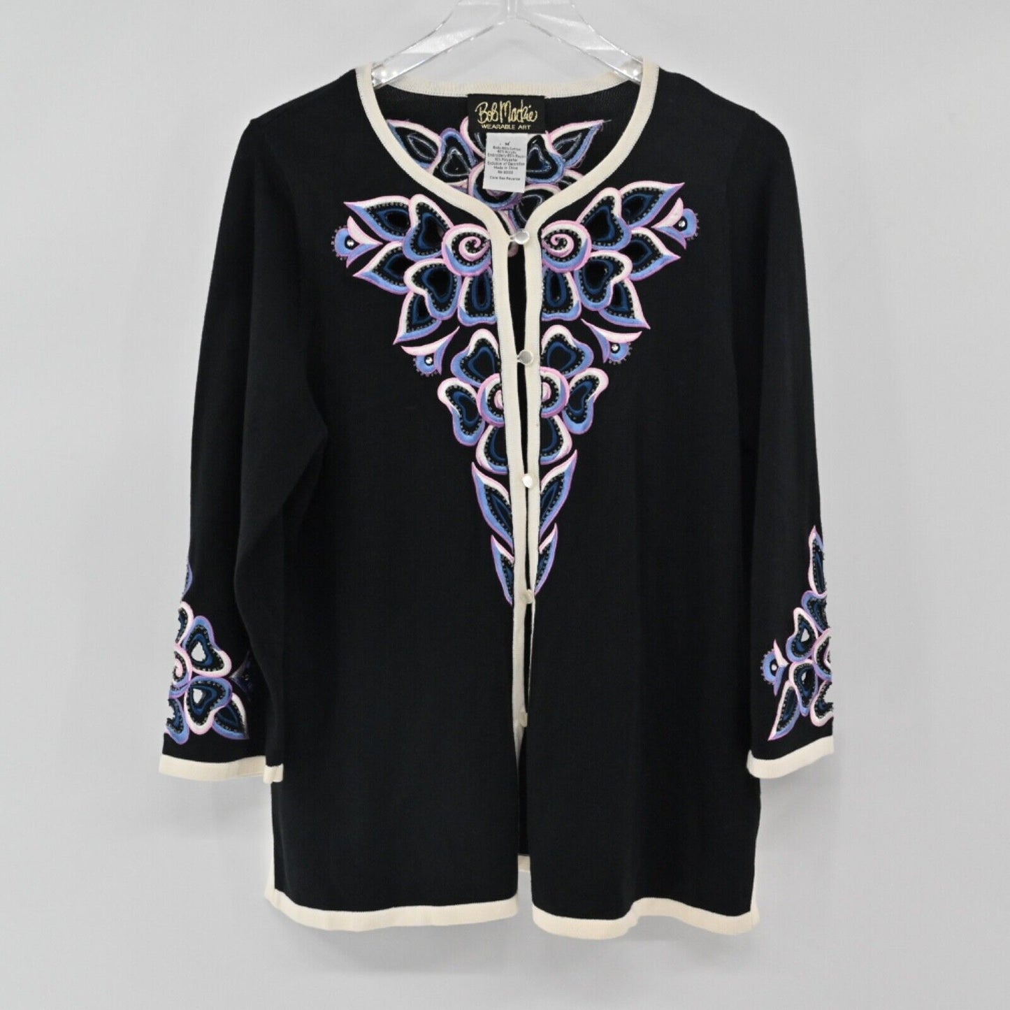 Vtg BOB MACKIE Cardigan Womens Sz M Cut Out Floral Embroidered Beaded Rhinestone